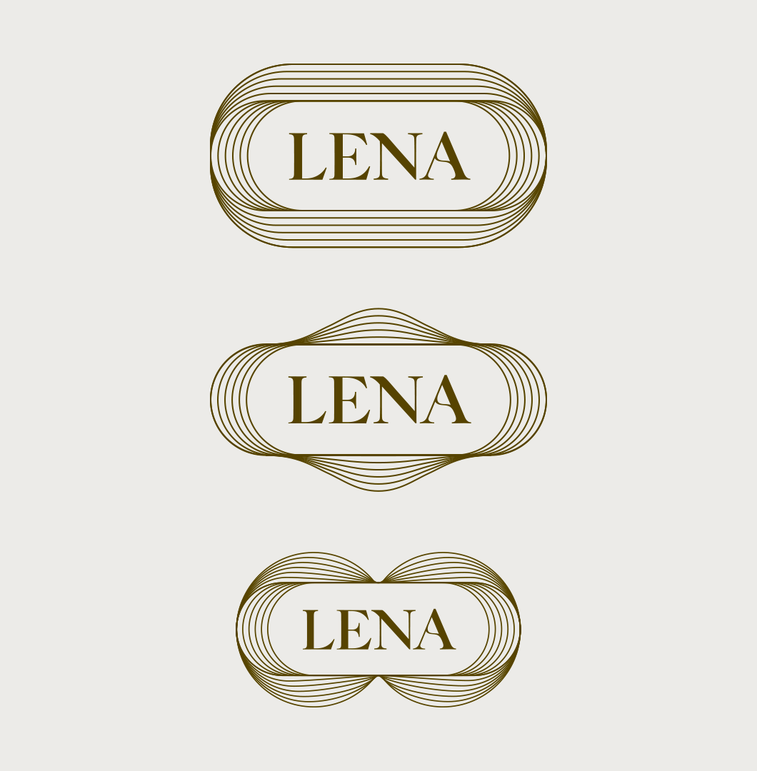 Three variations of a logo design featuring the name "LENA" in gold capital letters within oval-shaped borders made of multiple parallel lines on a light background.