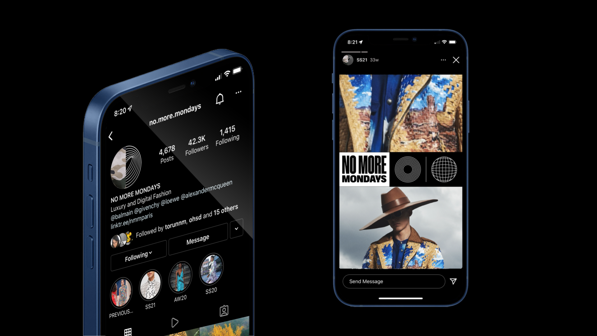 Two smartphones display Instagram profiles, one showing a profile for 'NO MORE MONDAYS' with follower statistics and a profile picture of a camo pattern, the other showcasing a fashion post featuring a person wearing a wide-brimmed hat and a colorful jacket.