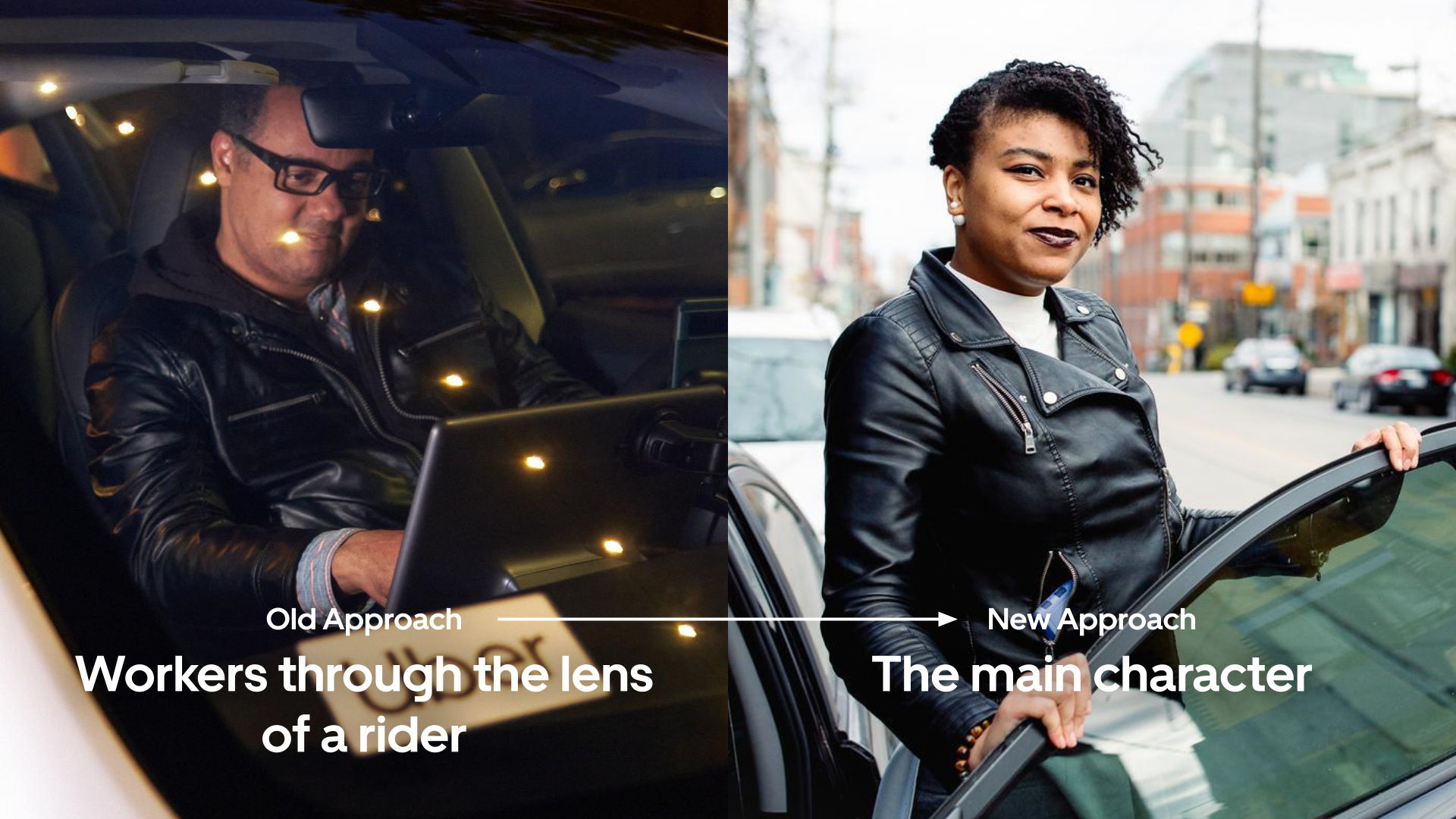 A split image comparing an older style of a worker riding in a car to a newer style with a woman standing outside, holding the car door. The left side shows a man in a leather jacket inside a car, with the text 'Old Approach.' The right side shows a woman in a leather jacket outside, with the text 'New Approach' and 'The main character.'