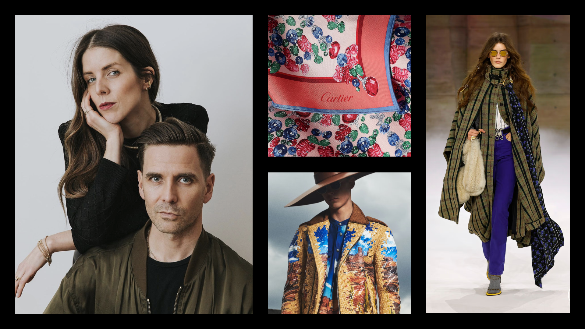 Collage of fashion and beauty images, including a portrait of a woman and a man, a designer scarf with "Cartier" branding, a fashion runway with a model in colorful clothing, and a model in a plaid coat with striped pants and accessories.