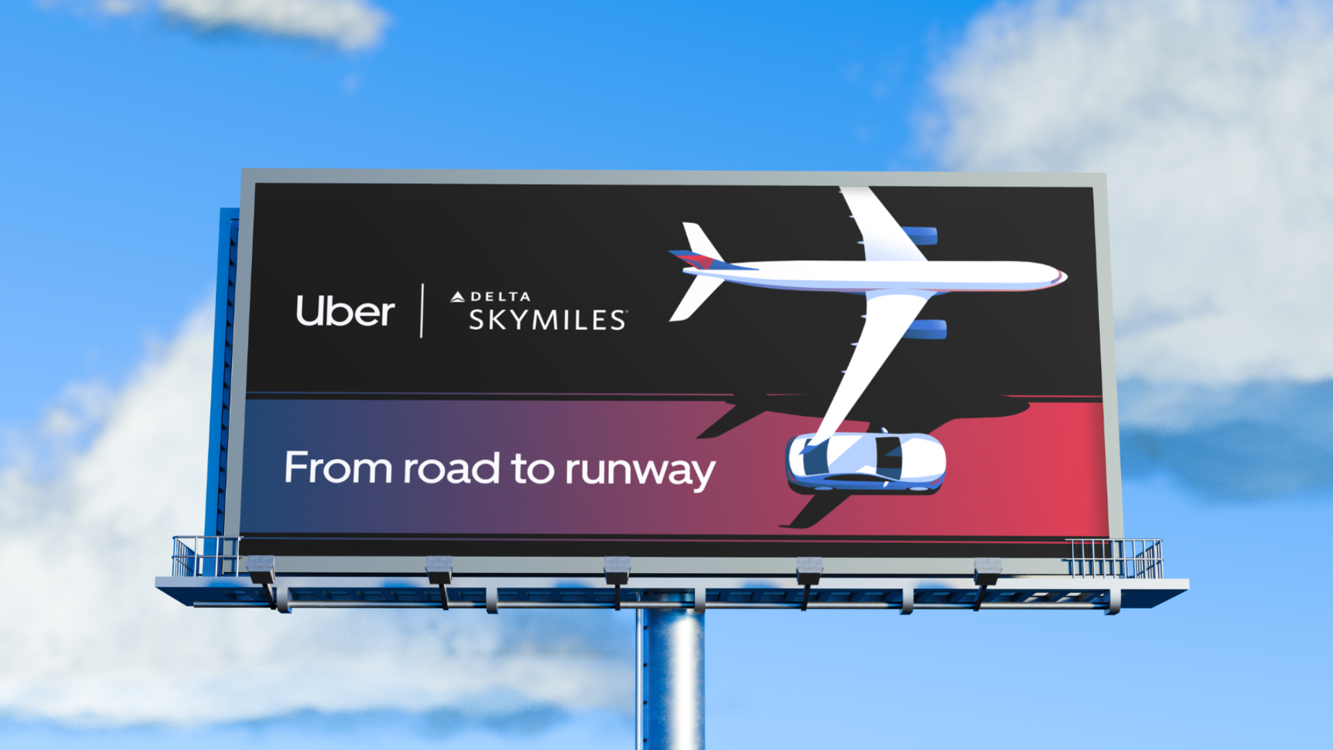 Billboard promoting Uber and Delta SkyMiles, featuring an airplane and a car with the text 'From road to runway' against a background of a partly cloudy sky.