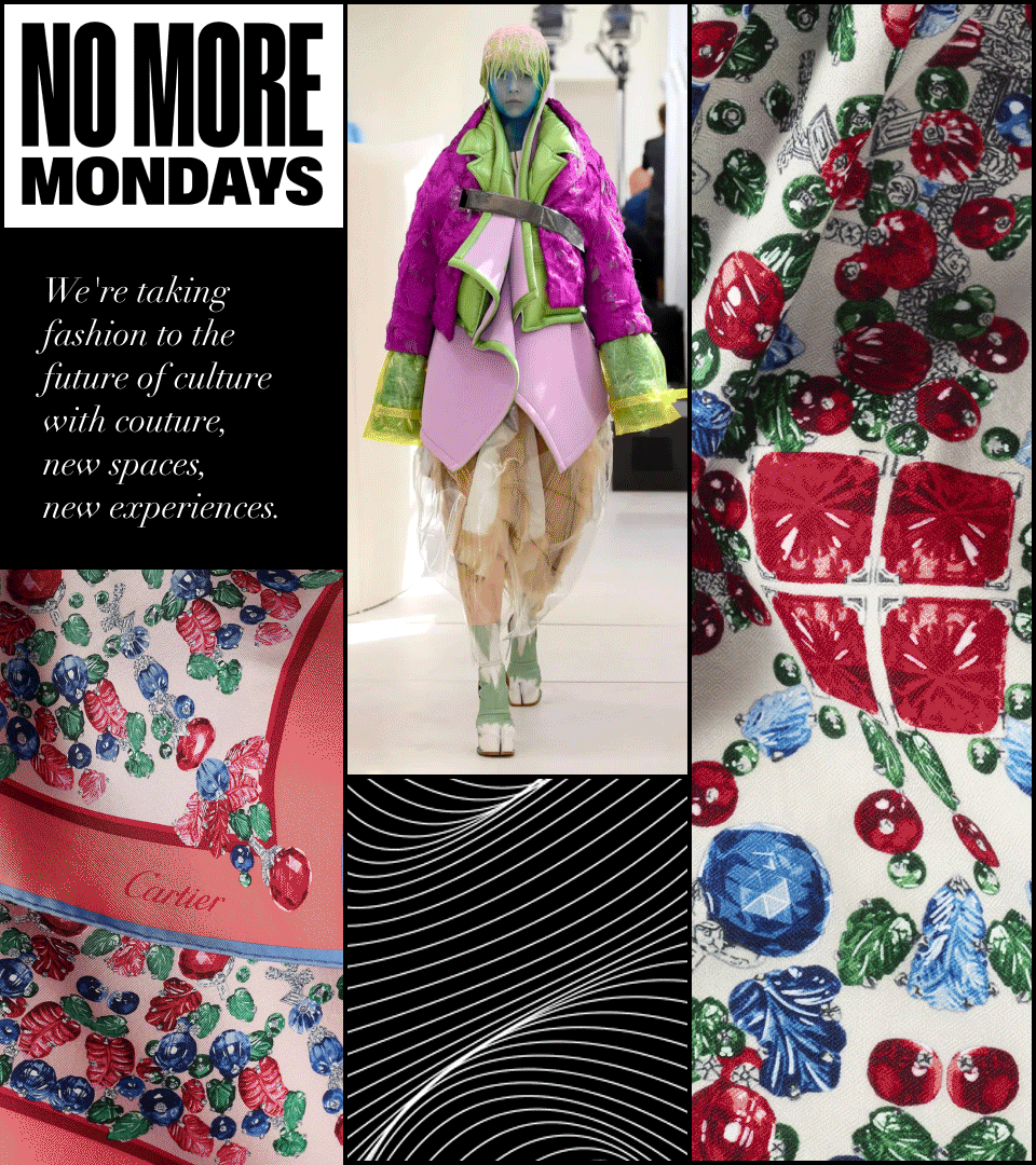 A collage with a bold black and white sign that reads 'No More Mondays,' a colorful fashion model wearing layered clothing with neon and pastel colors, close-up images of fabric with cherry prints and gemstone patterns, and a black and white abstract line pattern.