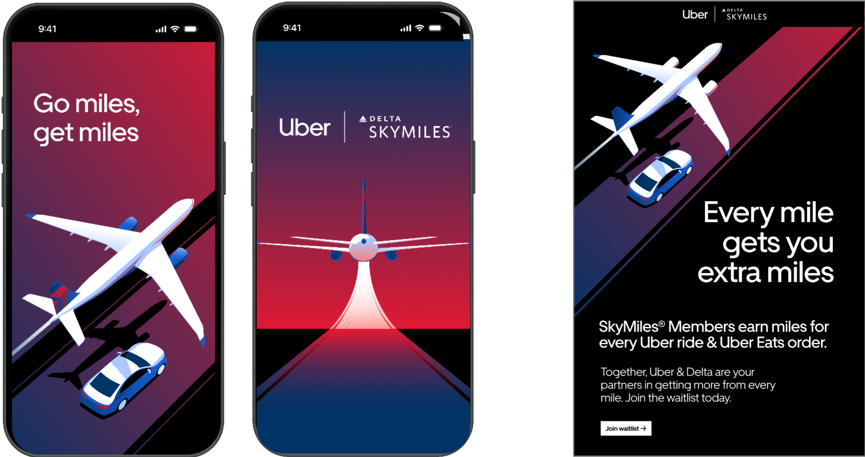 Digital advertisement for Uber and Delta SkyMiles partnership, showing smartphones with promotional screens and an airplane flying over cars on a runway, emphasizing earning miles for Uber rides and Uber Eats orders.