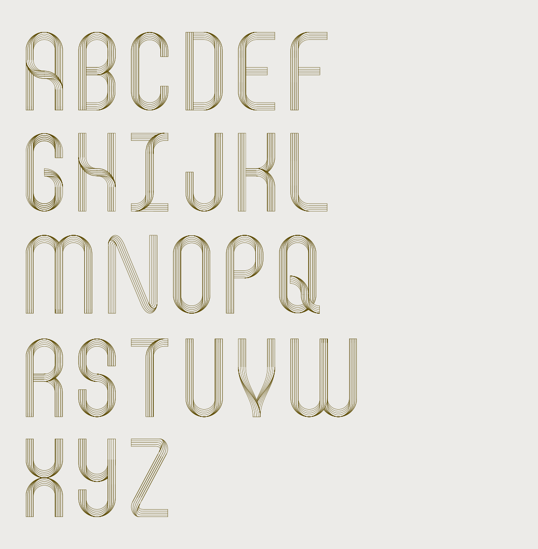 Stylized alphabet letters A to Z in a modern, layered, gold and black outline font on a light gray background.