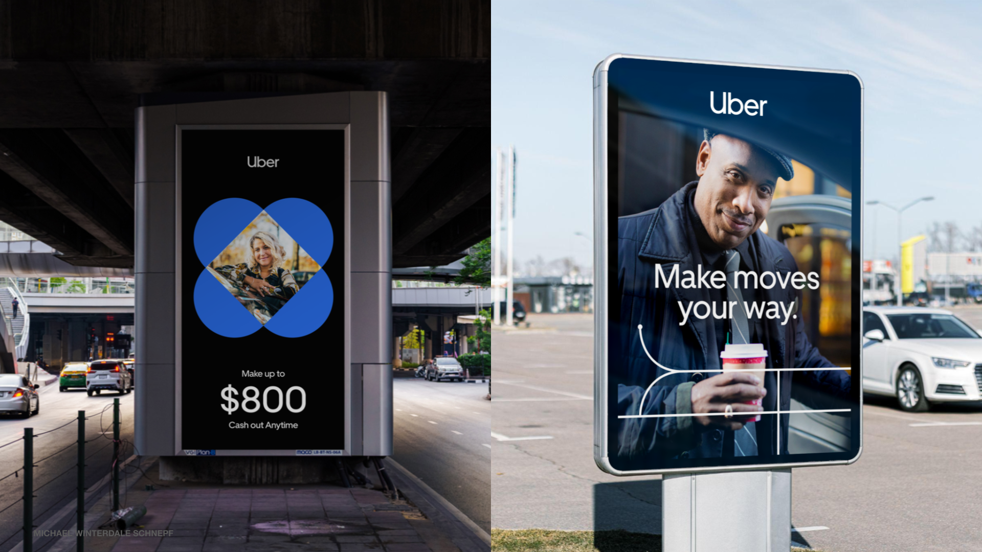 Two digital billboard advertisements for Uber in an urban setting. The left billboard features a promotional message about earning up to $800 cash out anytime, with a photo of a smiling woman. The right billboard shows a smiling man holding a coffee cup, with the message "Make moves your way."