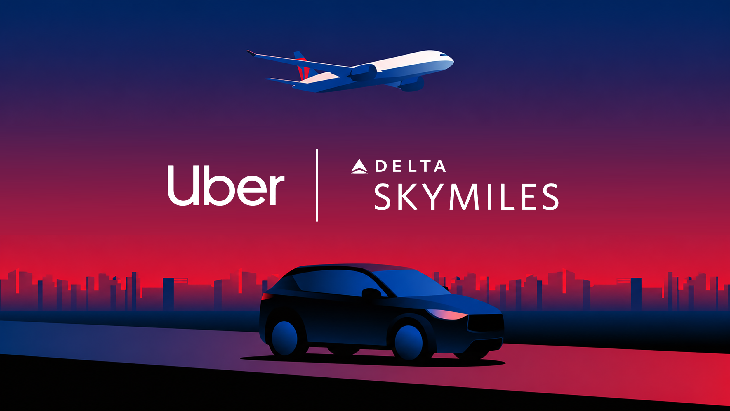 A digital illustration showing a flying airplane above a cityscape at dusk, with a futuristic car in the foreground. Logos for Uber, Delta, and Skymiles are displayed against a gradient sky.