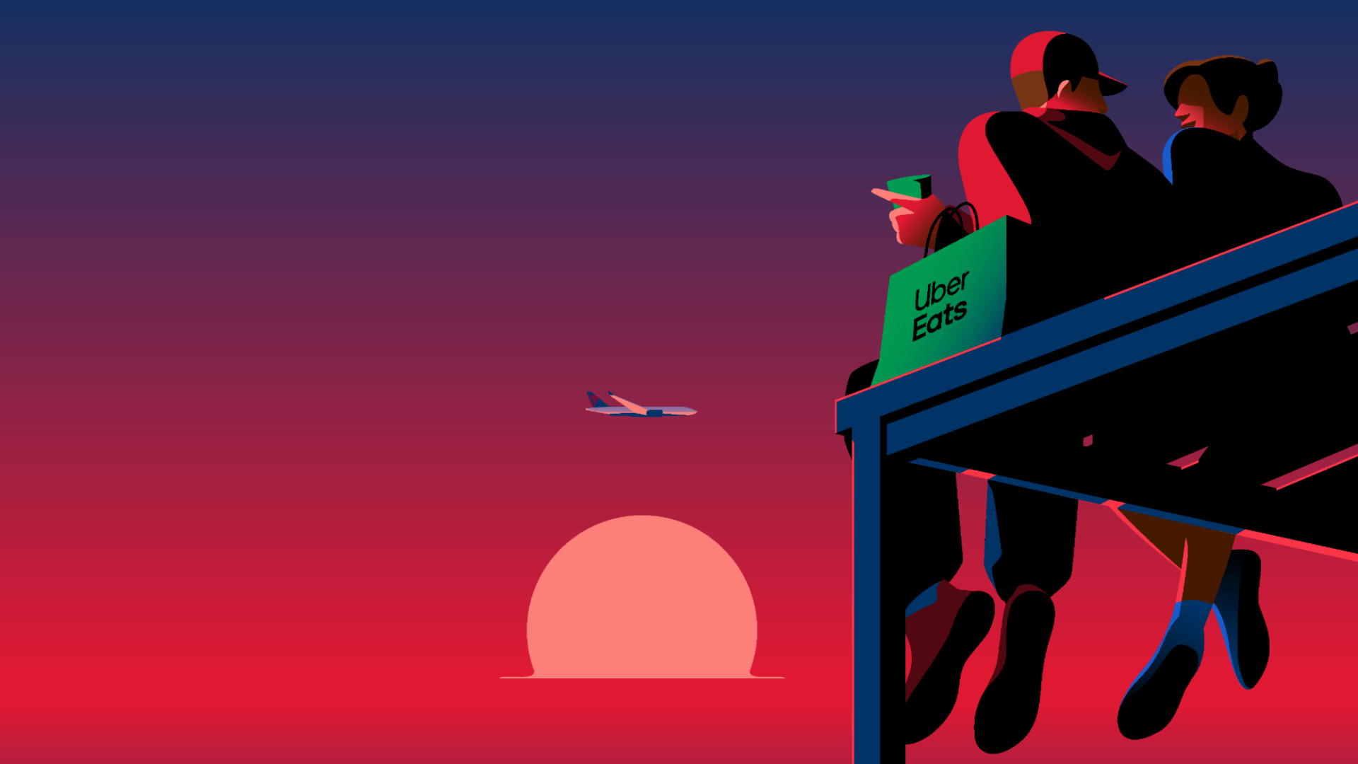 Silhouette of two people sitting on an airport observation deck at sunset, with an airplane flying in the sky and a large sun near the horizon. One person holds a phone, and a shopping bag with 'Uber Eats' logo is placed beside them.