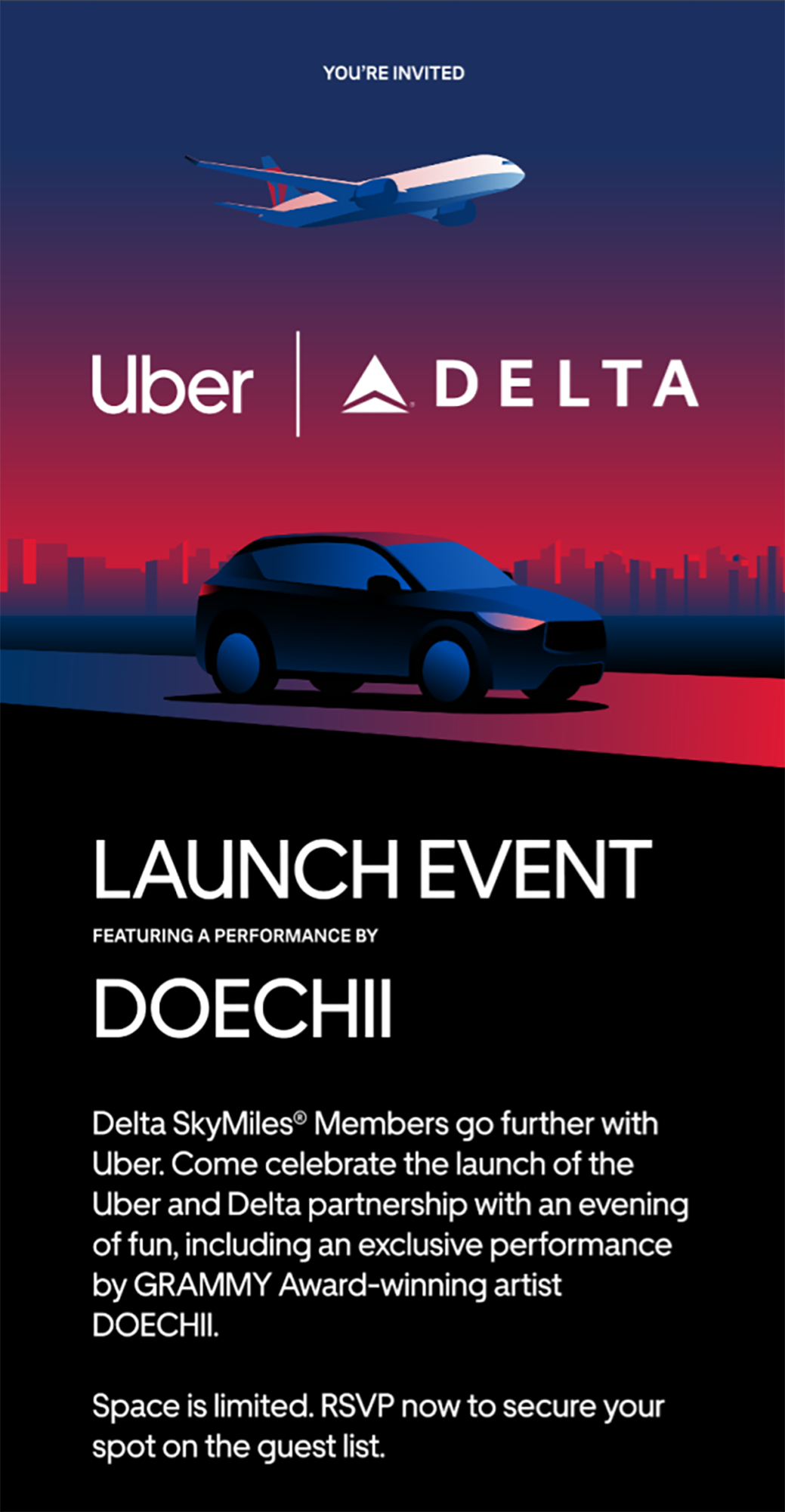 Invitation to a launch event featuring Uber and Delta with images of an airplane flying and a car against an urban skyline at sunset, and text about the event including a performance by DOECHII.