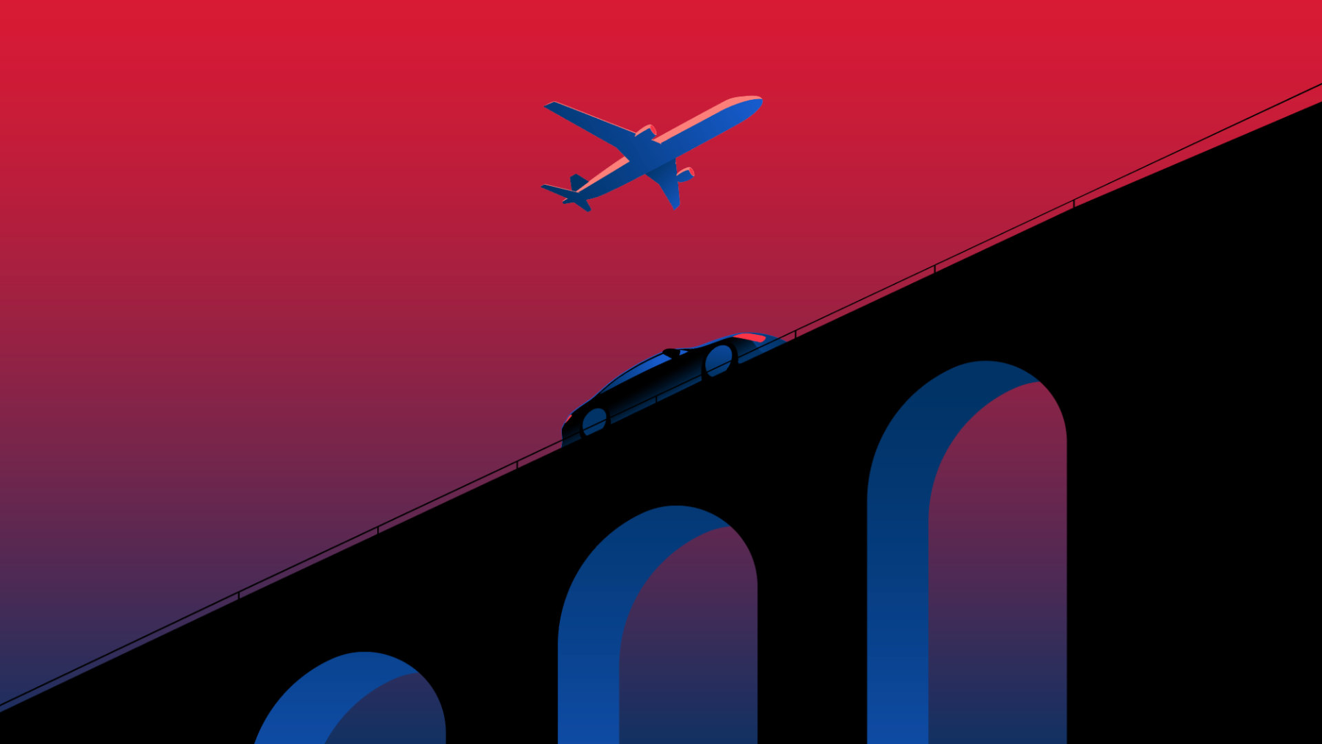 Illustration of a black car driving over a bridge with arches, with an airplane flying in the sky against a pink gradient background.