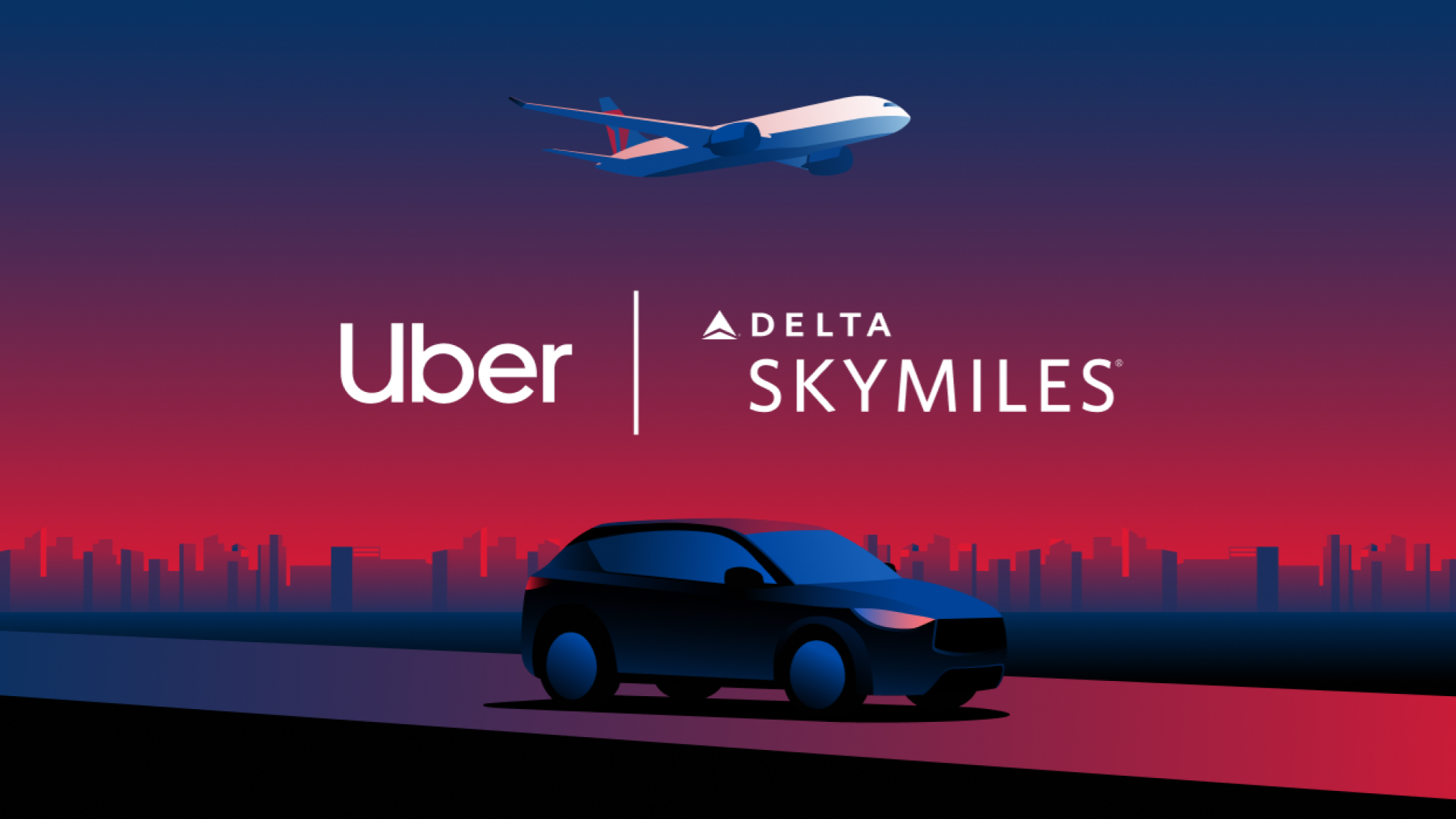 Digital illustration of a city skyline at sunset with a dark car in the foreground, a plane flying overhead, and the logos of Uber, Delta, and SkyMiles displayed in the center.