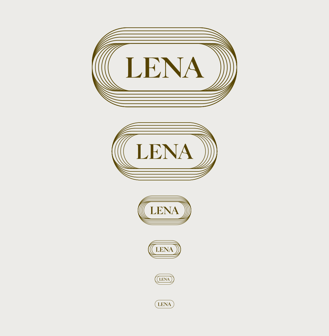 Series of oval-shaped name tags with the name "LENA" in various sizes, all outlined with concentric oval lines in gold on a light background.