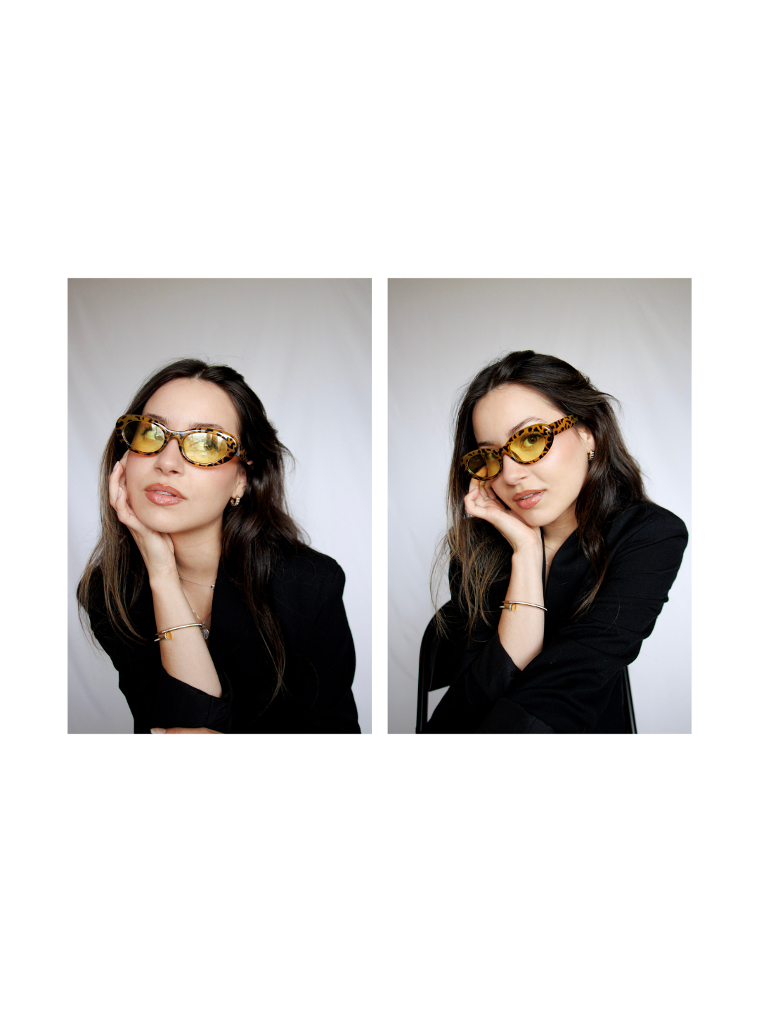 A woman with wavy dark hair wearing large yellow and black patterned sunglasses and a black blazer poses against a white background in two different frames. In the left frame, she rests her head on her hand, looking slightly upward. In the right fram