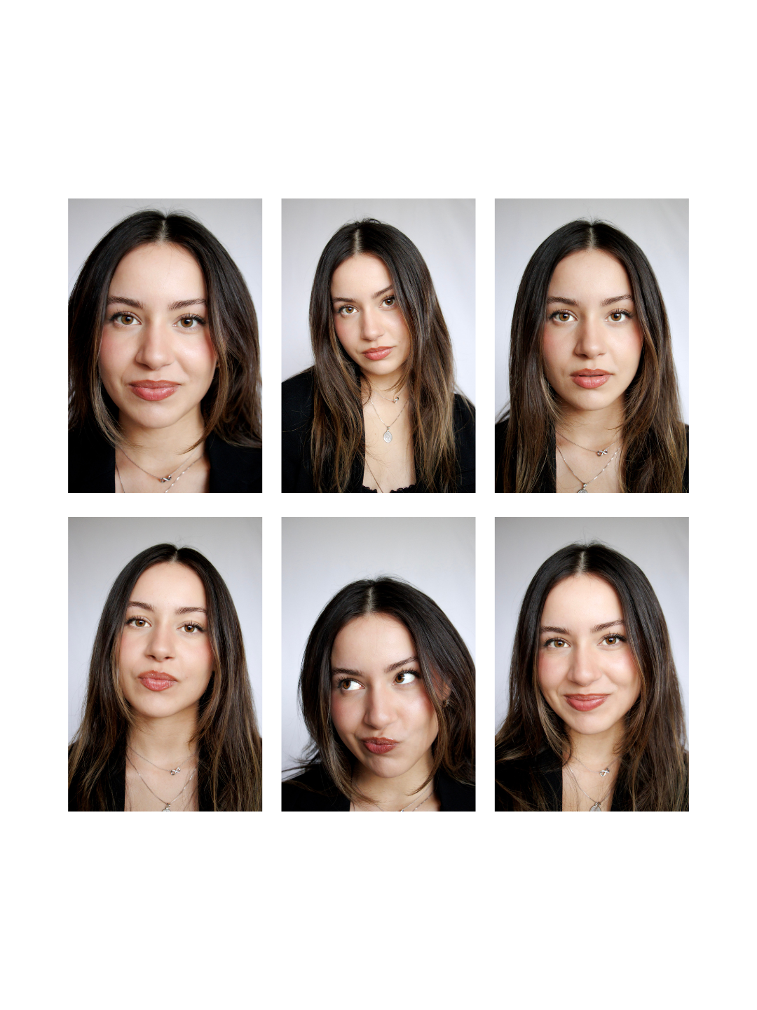 Six portrait photos of a young woman with long brown hair and a black top, showing different facial expressions and poses against a white background.