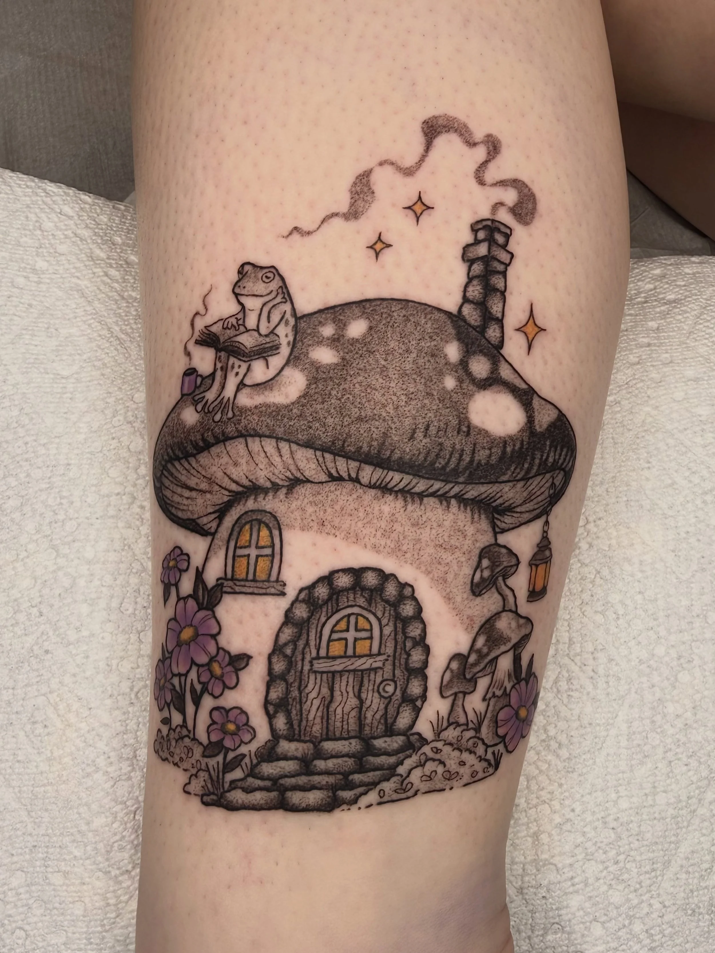 Cutest little mushroom house! ☺️🐸 we named her Patti, she&rsquo;s having a perfect day! ✨📚☕️🍄