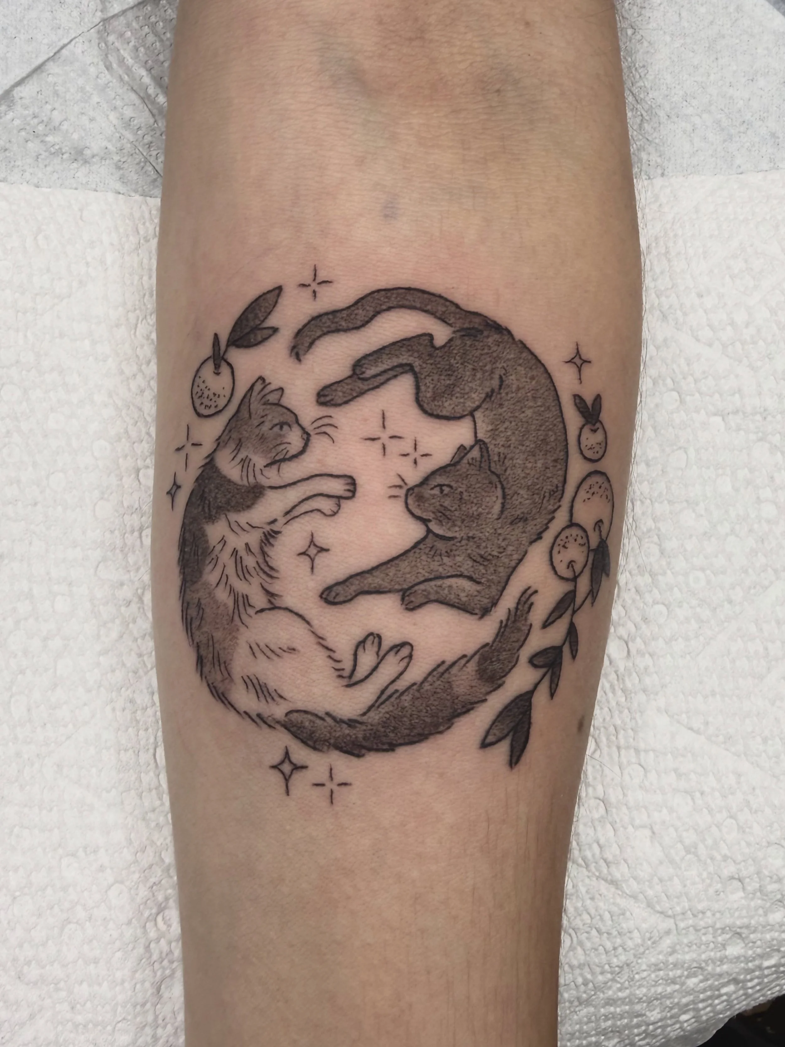 Neko + Mandarin, a very special kitty tattoo! Thank you so much @maillen_____garcia for asking me to make this for you 🫶💛 ✨🍊