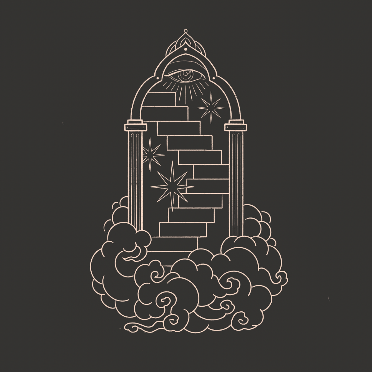 A minimalist line art illustration of a staircase inside an archway with clouds at the bottom, an eye at the top within the arch, and stars around the stairs.