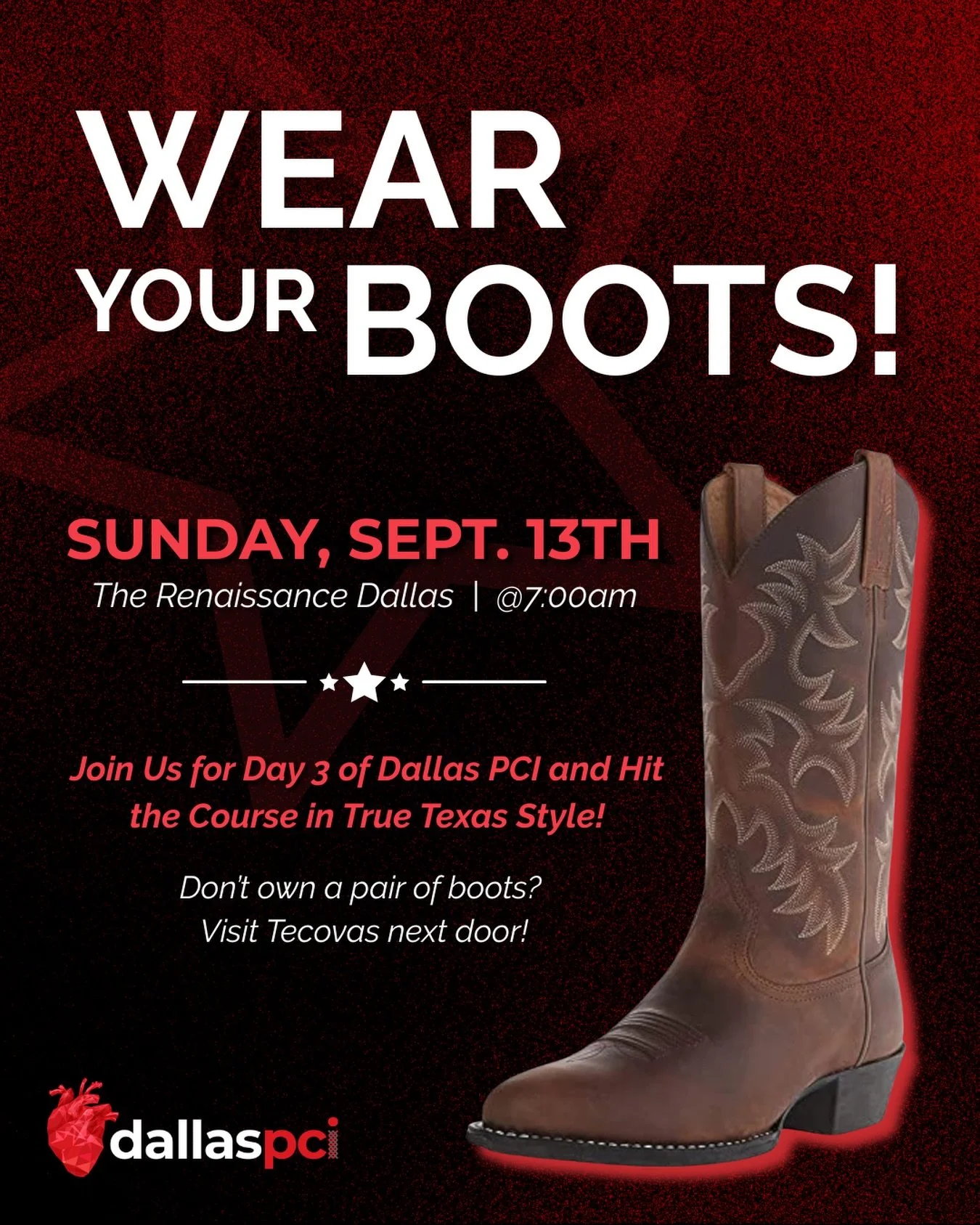 That&rsquo;s right! We&rsquo;re finishing Dallas PCI 2026 with a Texas-styled classic boot day. Wear your boots (or buy your boots) and come together for the final day of Dallas PCI. Looking forward to seeing everyone&rsquo;s style tomorrow!
