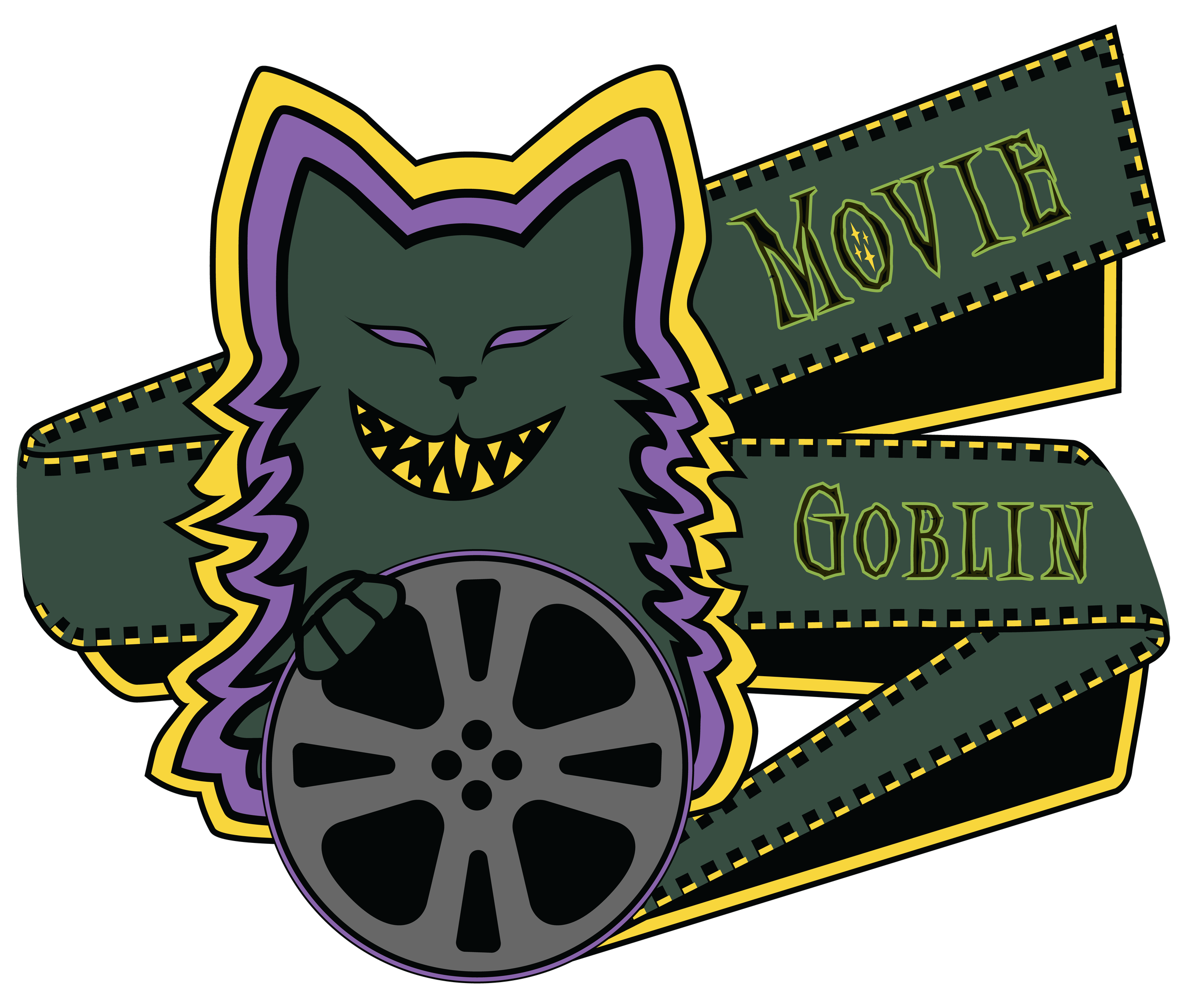 A stylized gothic-themed sticker featuring a cat or Goblin face with sharp features, surrounded by a purple and yellow outline, accompanied by a film reel, with the words MOVIE GOBLIN. Created by Rosalie Kollefrath.