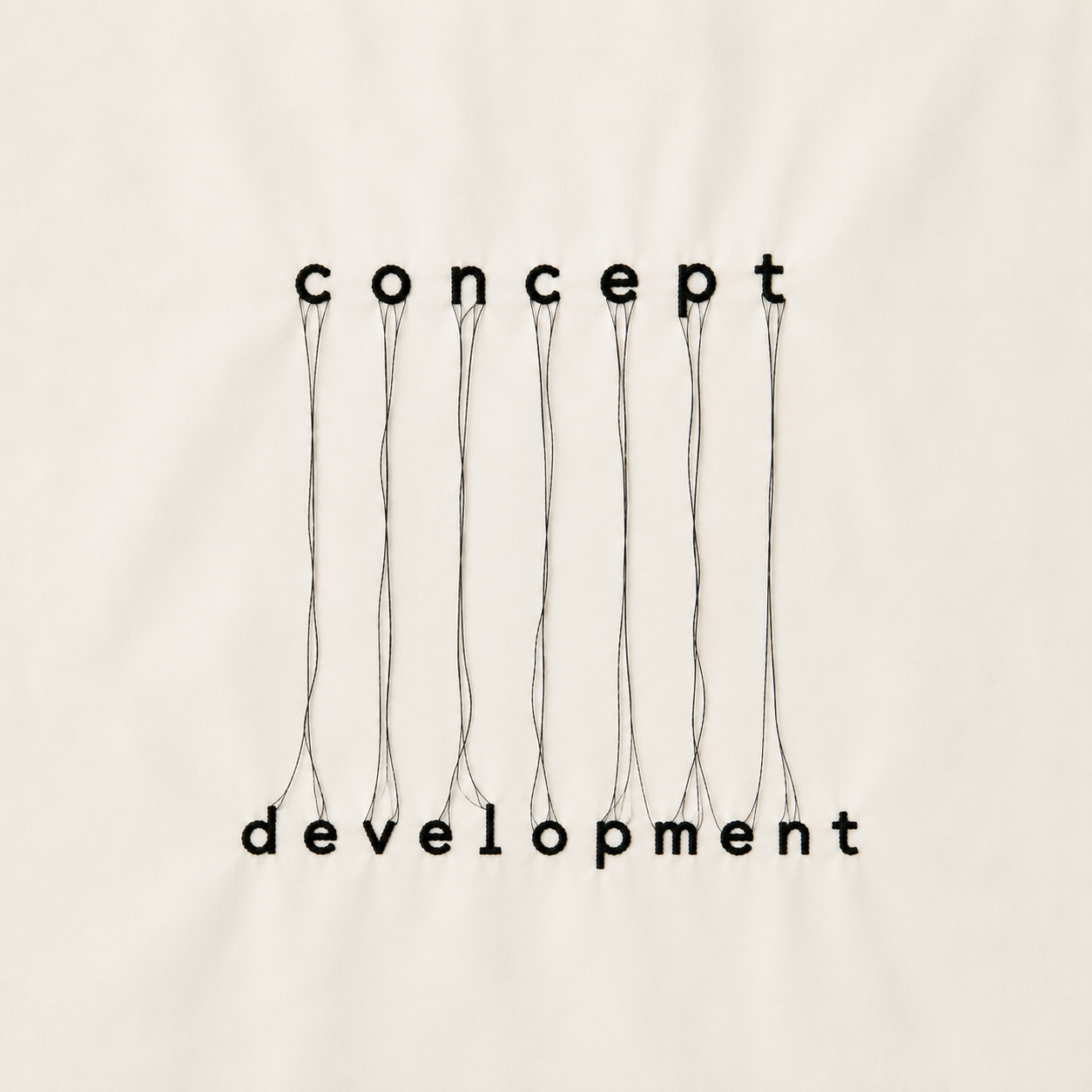 Letters spelling 'concept' and 'development' connected by black wires on a white background.