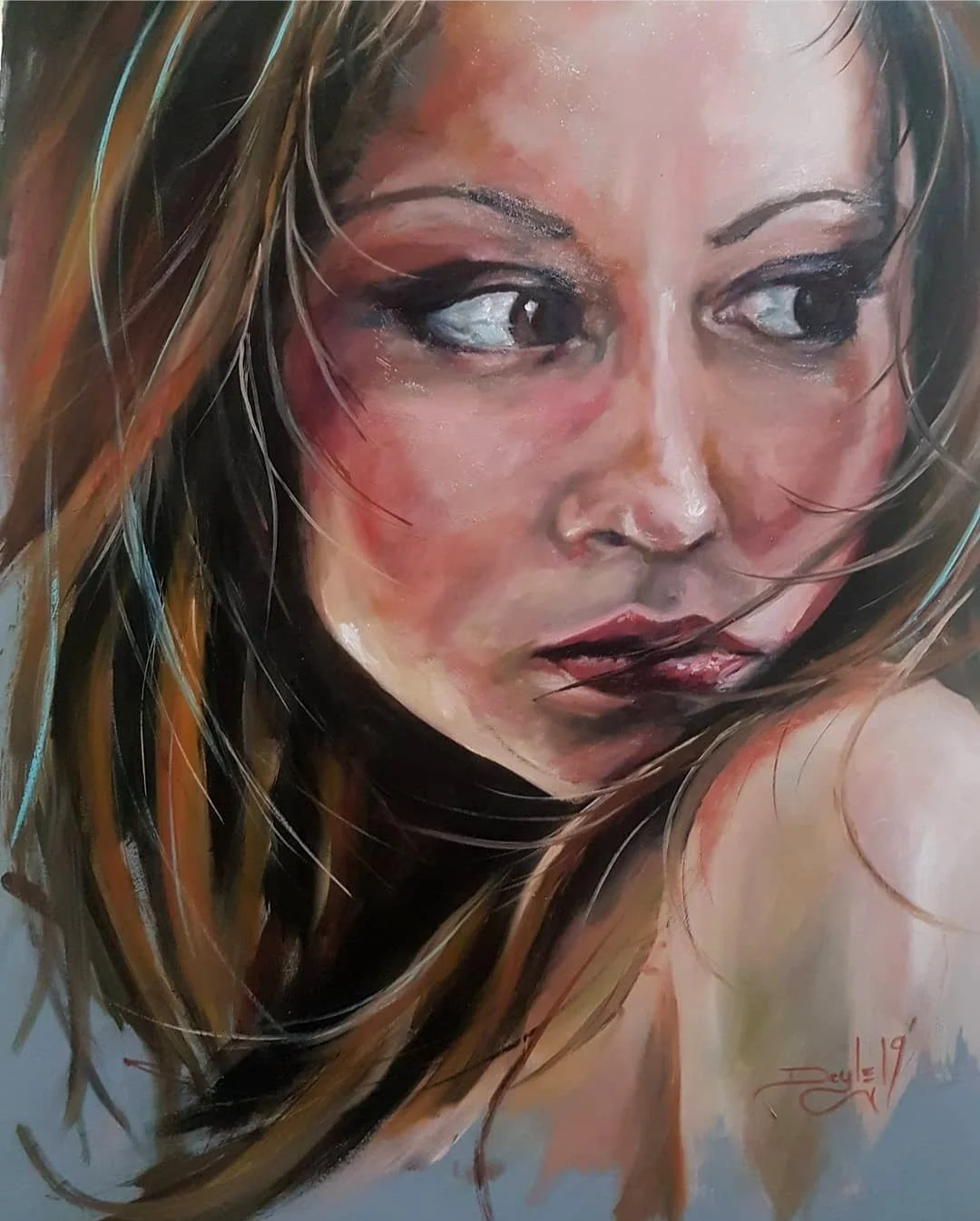 Close-up of a woman's face with long hair, looking to the side, painted in a realistic style with detailed skin tones and makeup.