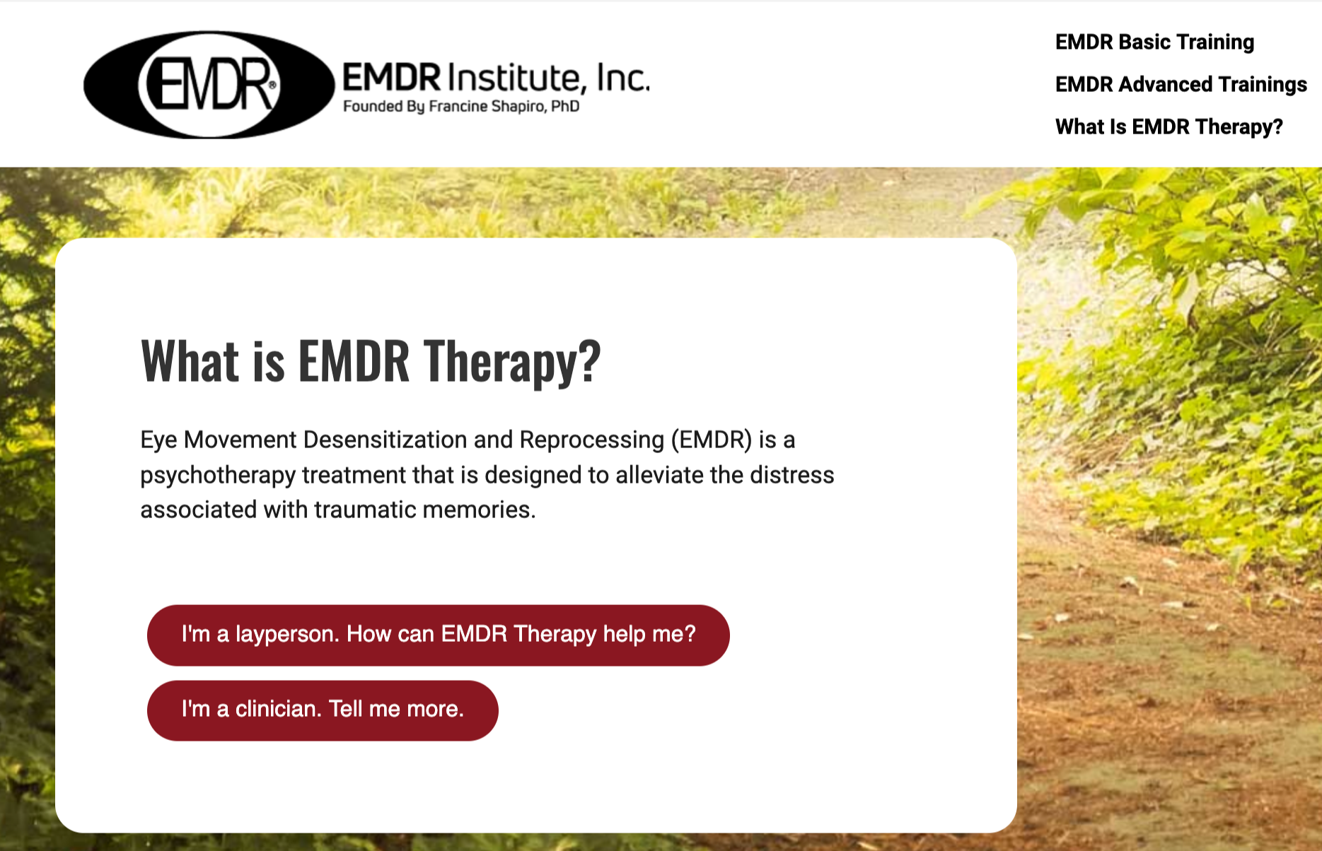 Screenshot of a webpage from EMDR Institute, Inc. explaining EMDR therapy, with a background of a dirt path lined with green trees.