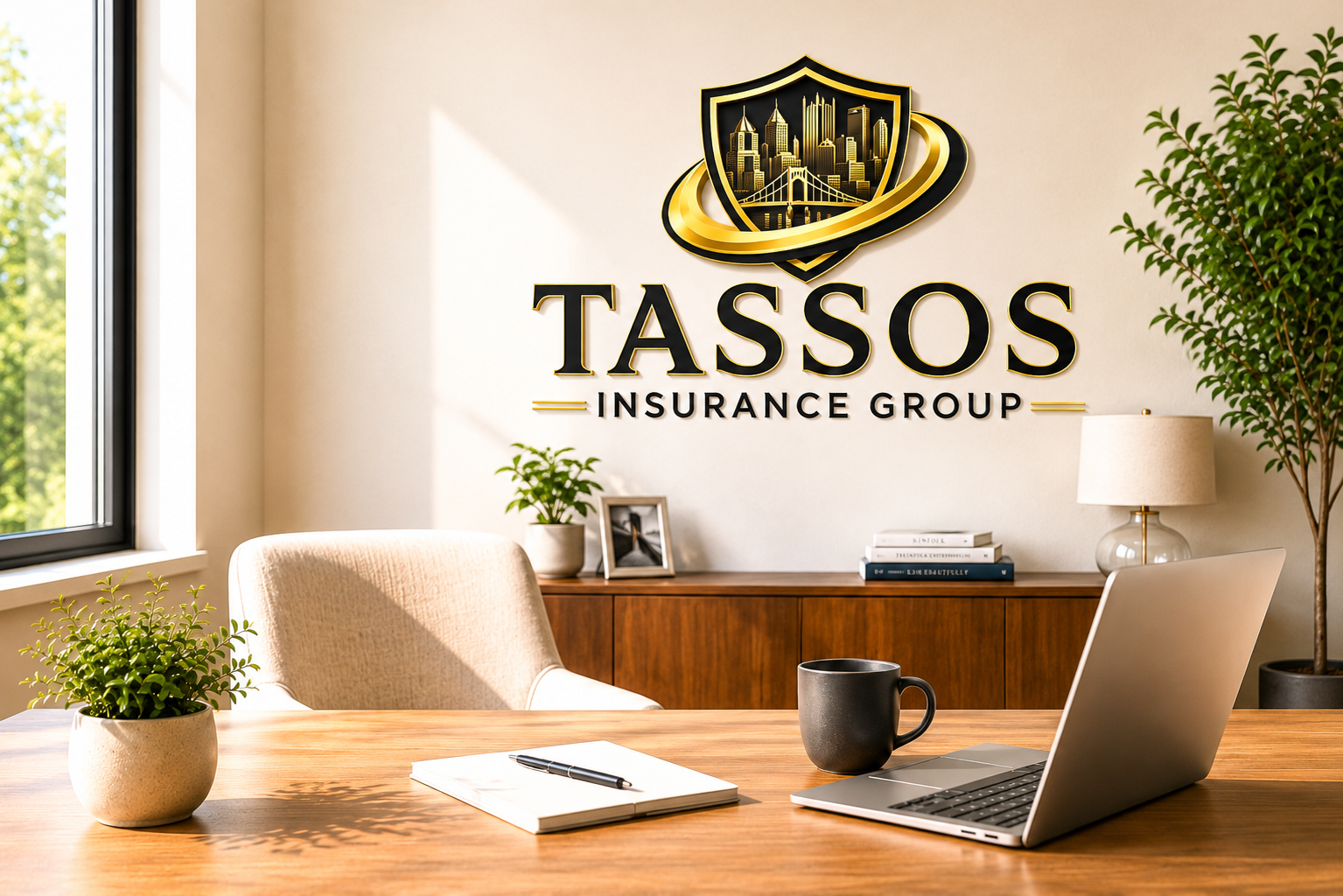 Office with desk, laptop, coffee mug, notebooks, and plants, with TASSOS Insurance Group logo on the wall.
