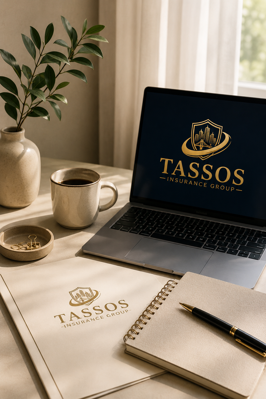 Workspace with a potted plant, a cup of coffee, a closed notebook, and a laptop displaying the TASSOS Insurance Group logo, with TASSOS branding on papers and a notepad, sunlight streaming through a window in the background.