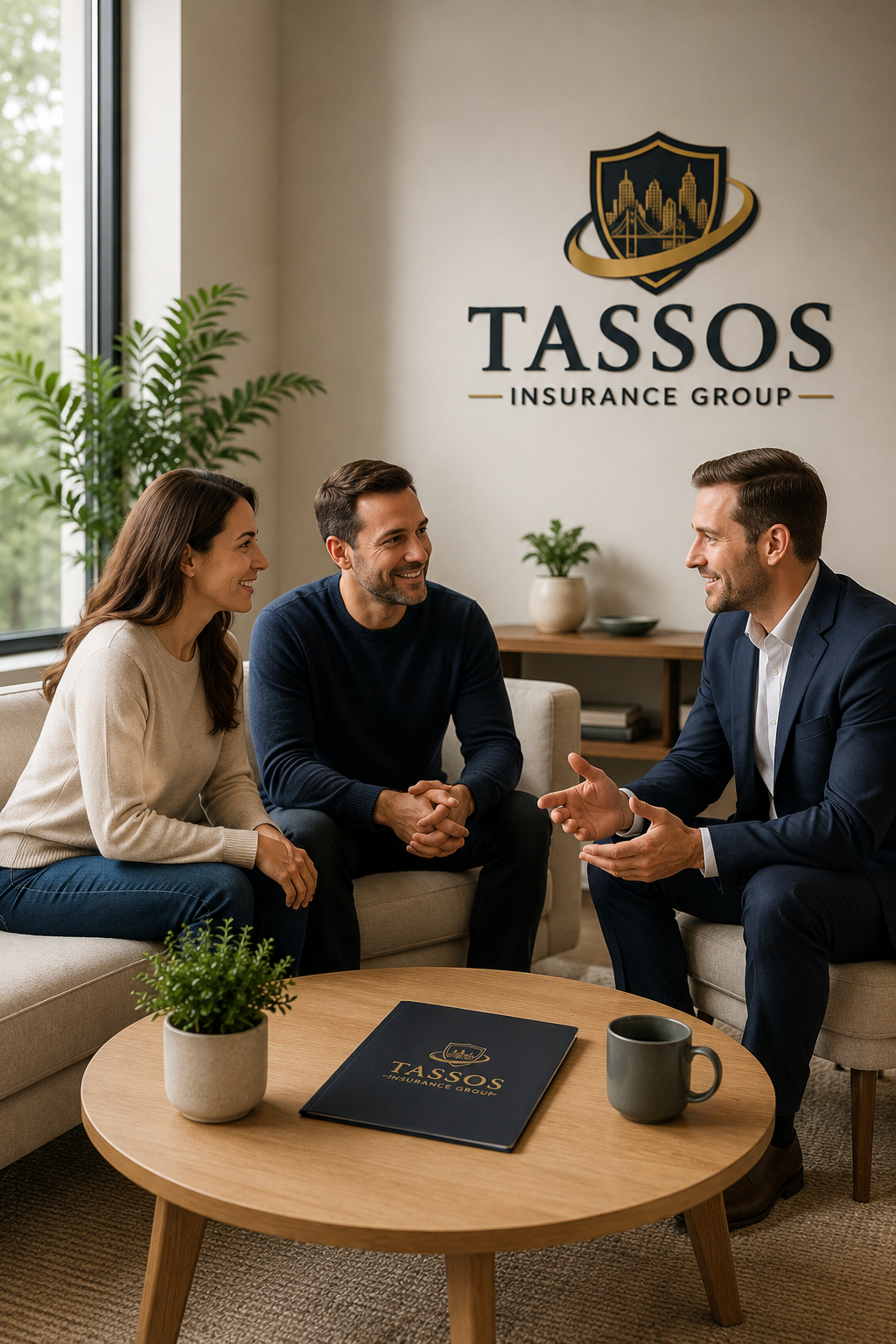 Three people talking in an office with a 'TASSOS Insurance Group' sign on the wall, a coffee table with a plant, a binder, and a mug.