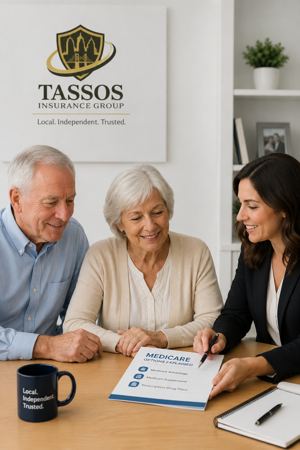 Three people at a meeting discussing Medicare options, with a TASSOS Insurance Group sign and a mug on the table.