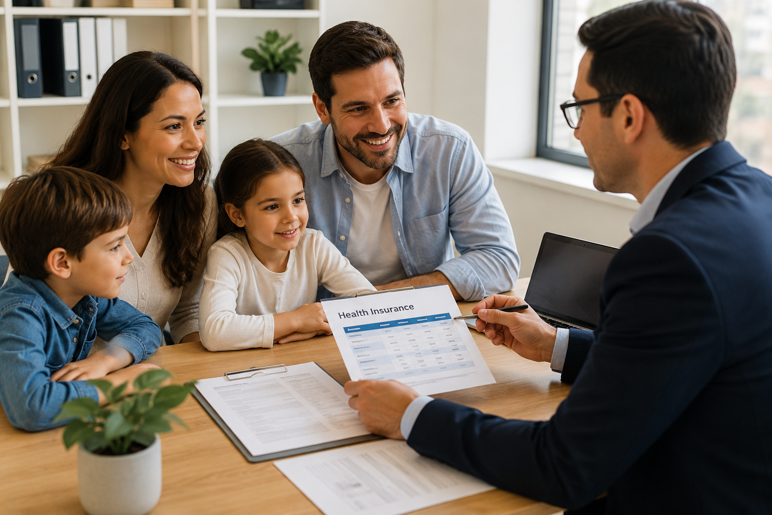 Family consulting with insurance agent at a table with health insurance paperwork.