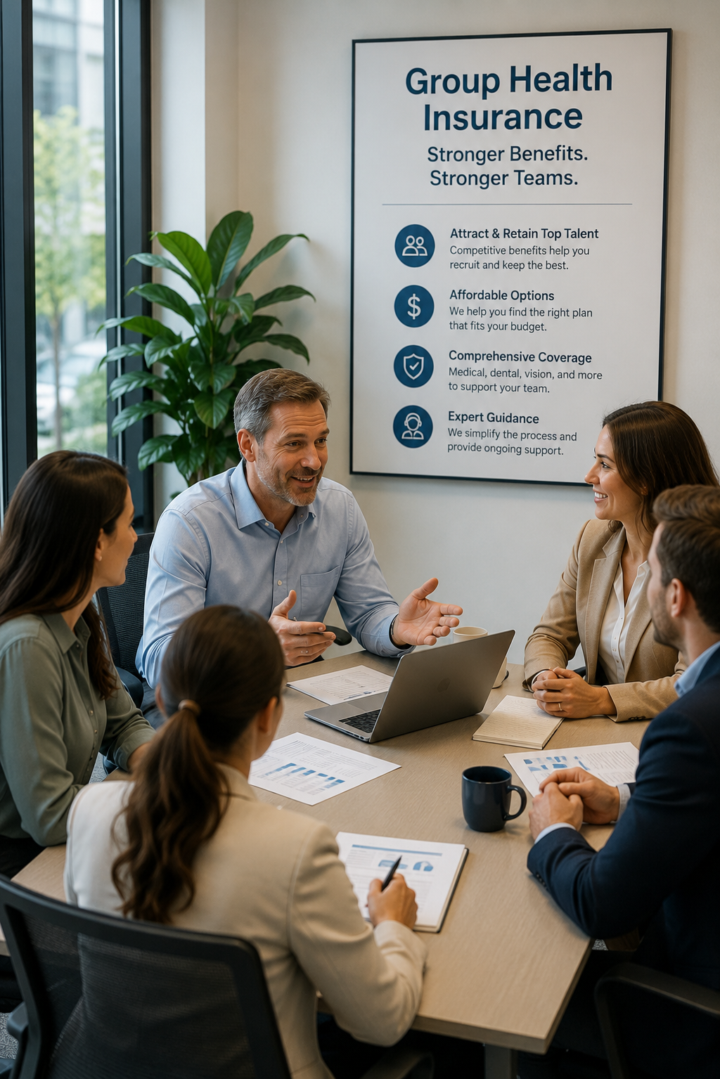 A group of professionals having a business meeting in a conference room with a large poster about group health insurance benefits on the wall.