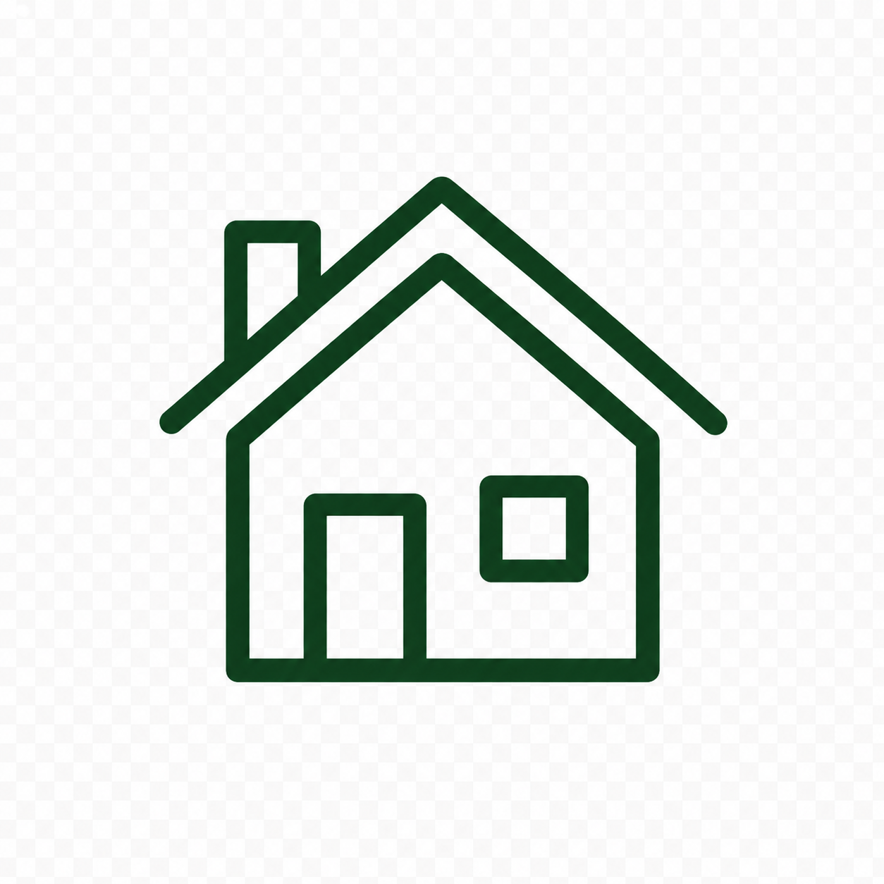 Line drawing of a house with a chimney, door, and window.