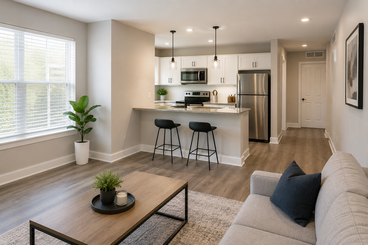 Open-concept living room and kitchen with white cabinetry, stainless steel refrigerator and microwave, black barstools, large window, potted plants, beige sofa with navy pillow, wooden coffee table, and neutral decor.