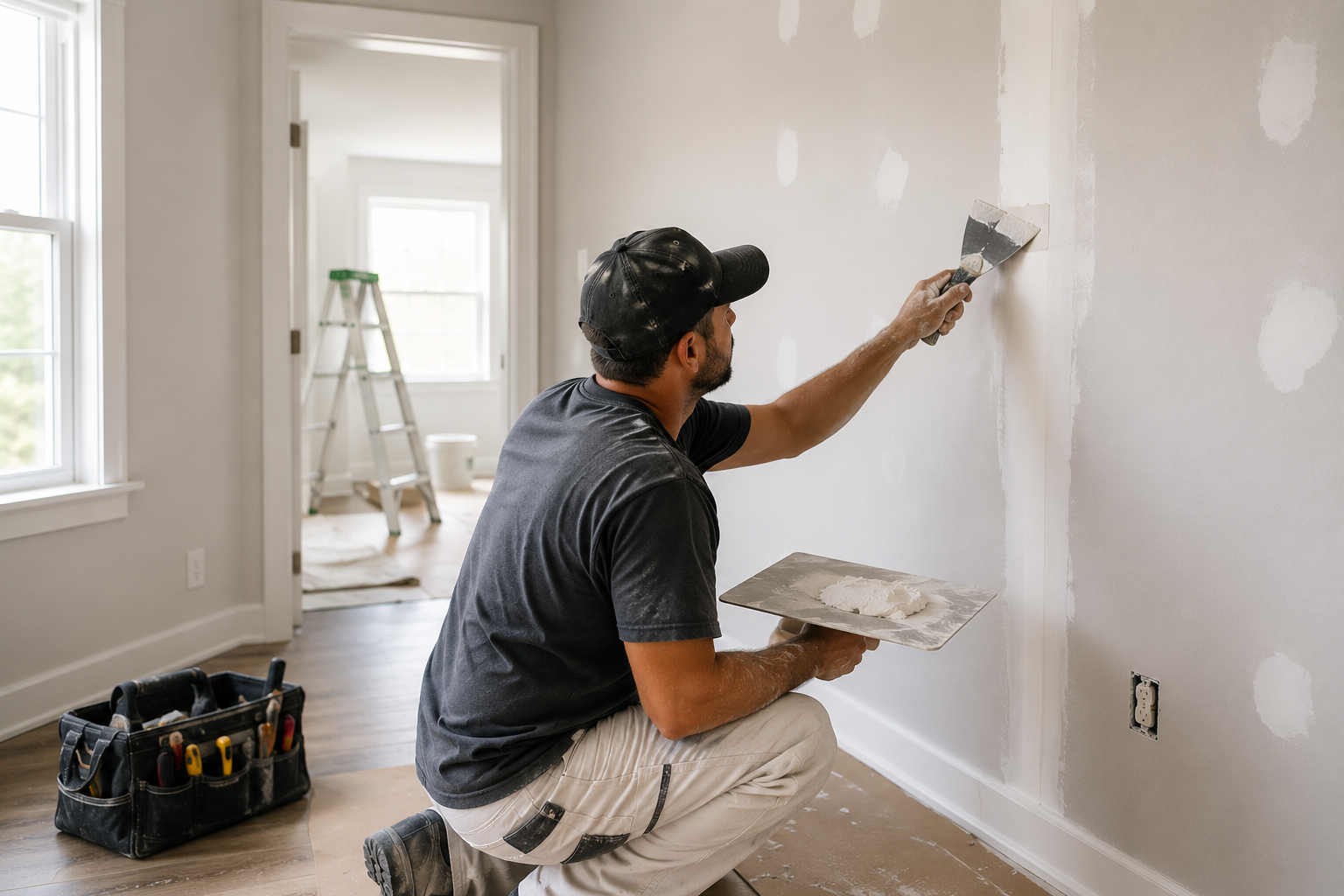 A man wearing a black cap and black T-shirt is patching a wall in a house under renovation. He kneels on the floor, holding a trowel in one hand and a tray of joint compound in the other. There is a black toolbox with tools on the floor next to him, and a ladder and a bucket visible in the background through an open doorway.