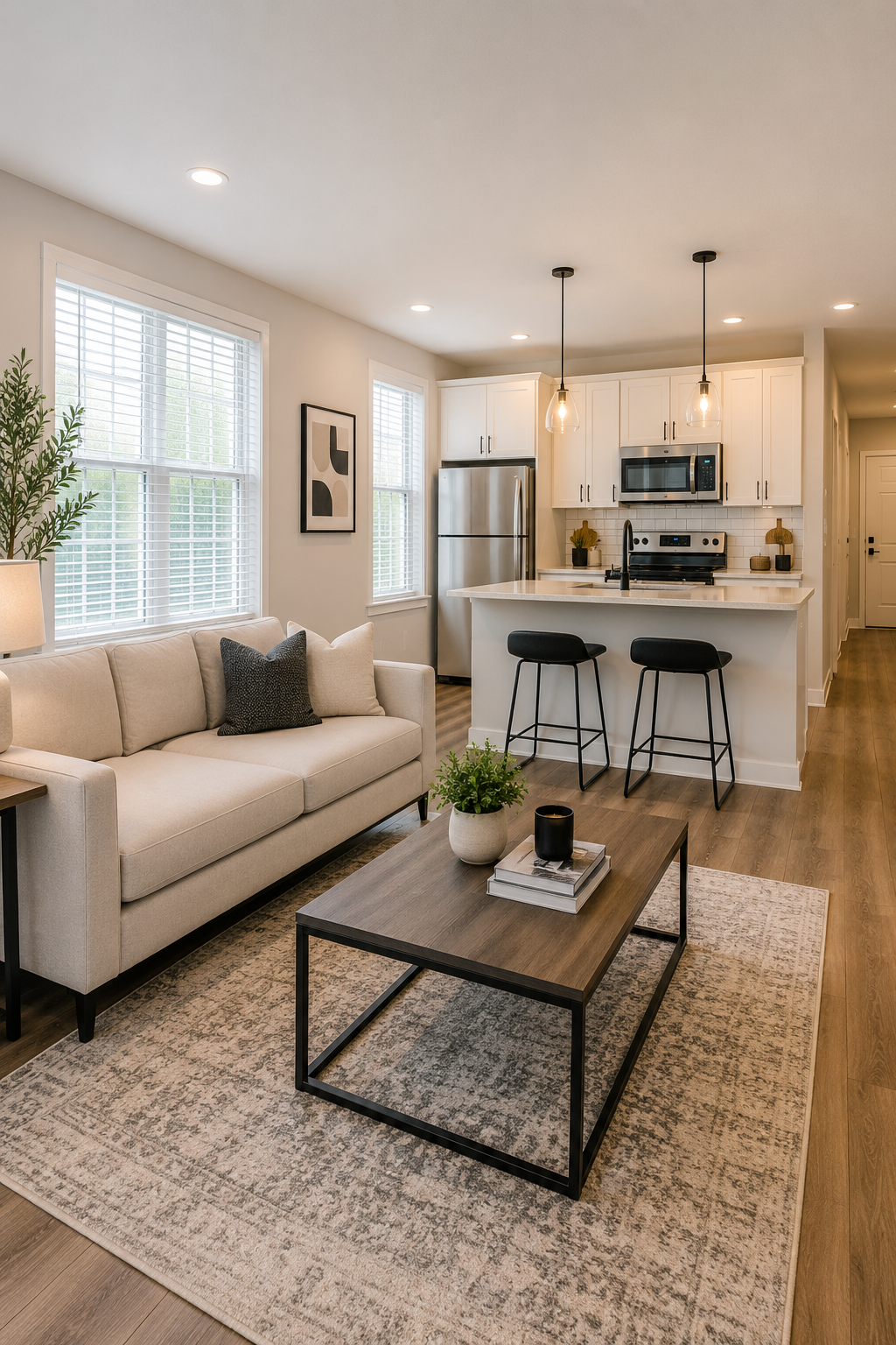 A modern living room and kitchen with a beige sofa, a wooden coffee table, black and white decor, and stainless steel appliances in the kitchen.