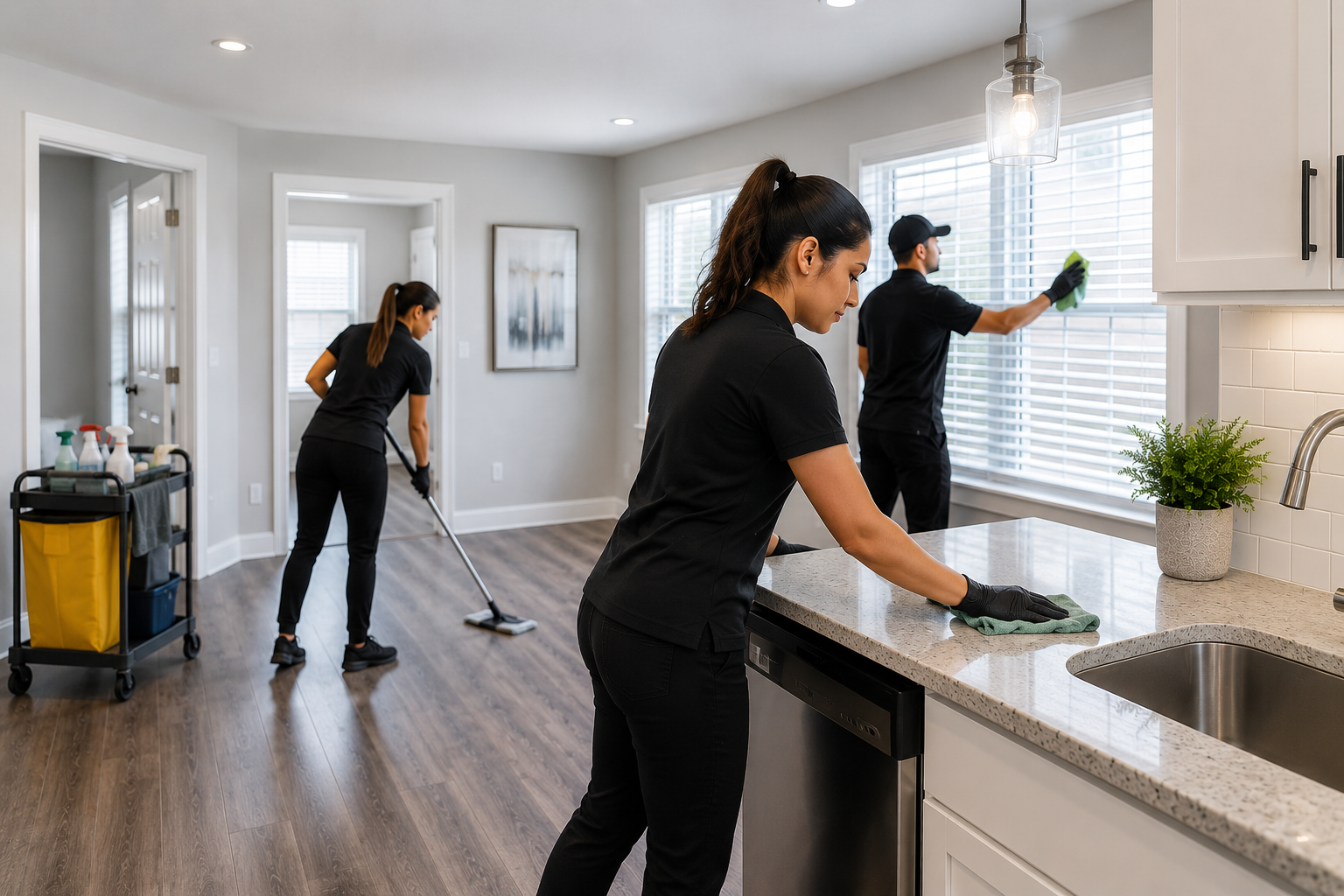 Three people in black uniforms cleaning a kitchen: one wiping a window, one sweeping the floor, and one cleaning the countertop.