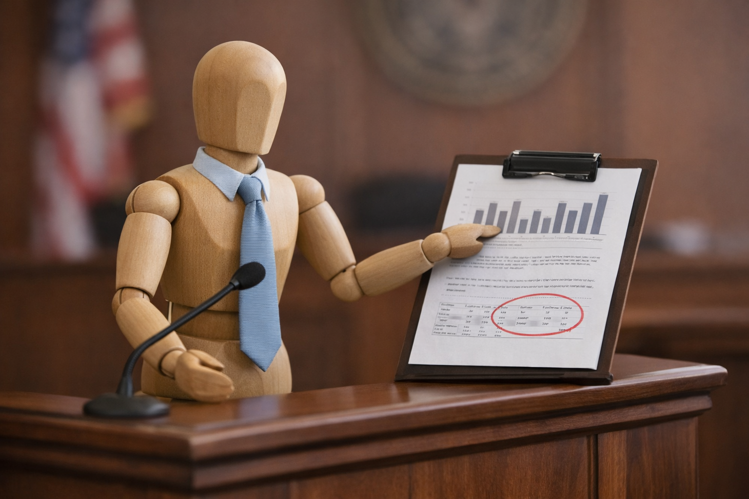 A wooden mannequin wearing a blue tie pointing at a report with charts and data, standing behind a desk with a microphone.