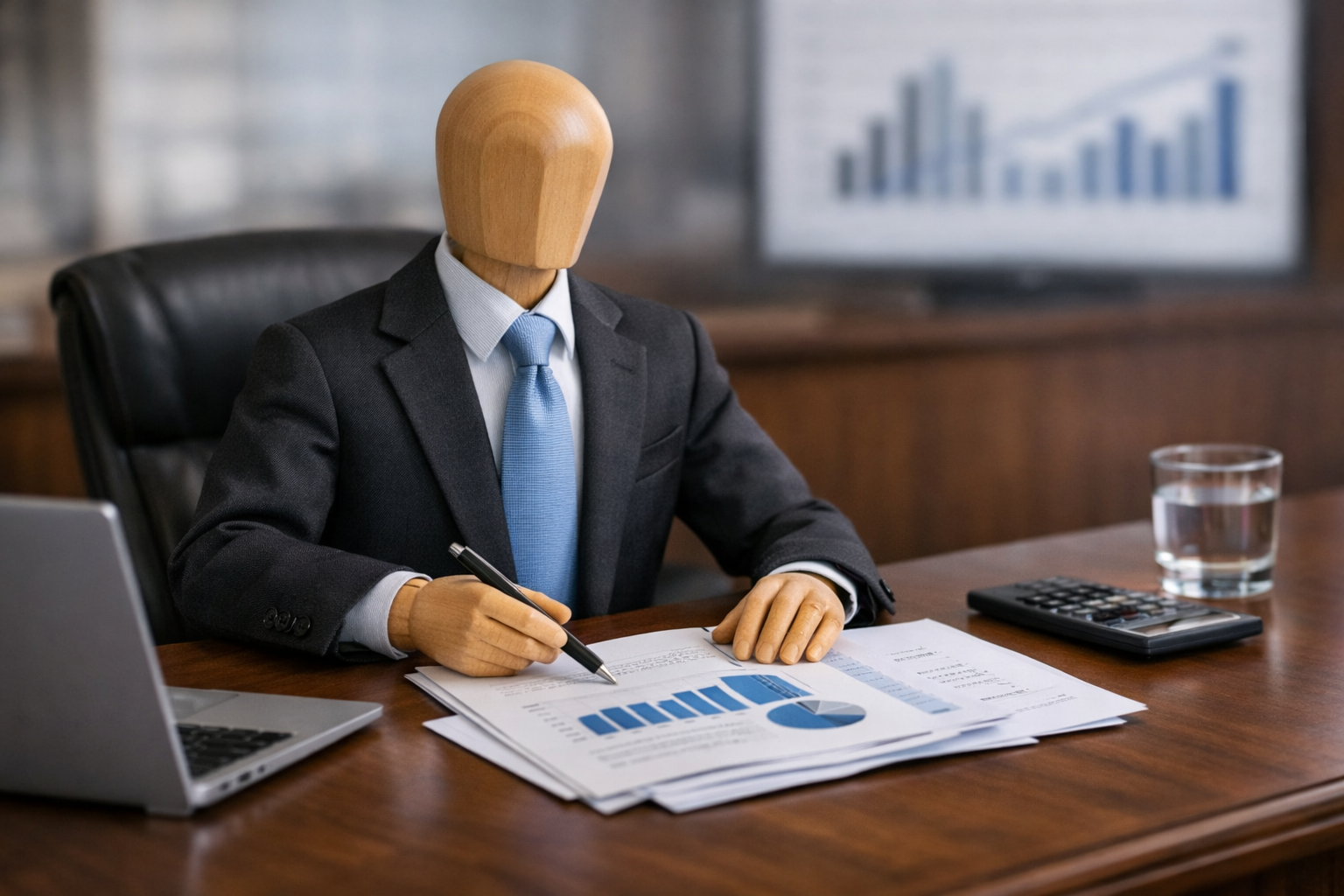 A mannequin with a wooden head dressed in a black business suit and blue tie, sitting at a wooden desk with financial documents, a laptop, a calculator, and a glass of water, in an office setting.