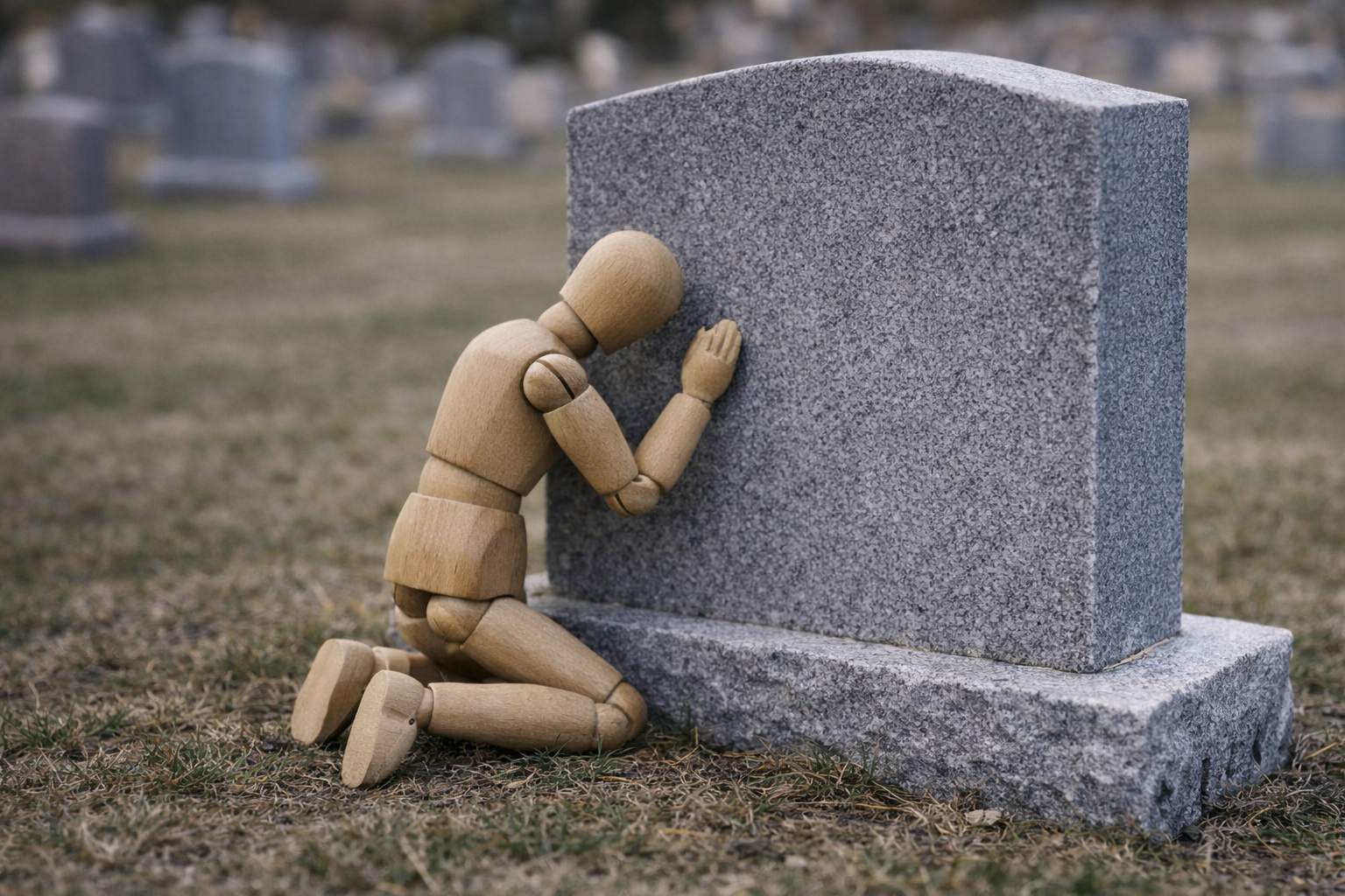 A wooden mannequin kneeling before a gray granite gravestone, with other gravestones visible in the background.
