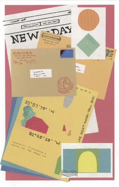 A collage representing a pile of mail from artists. It includes zines, post carts, envelopes, and newspapers