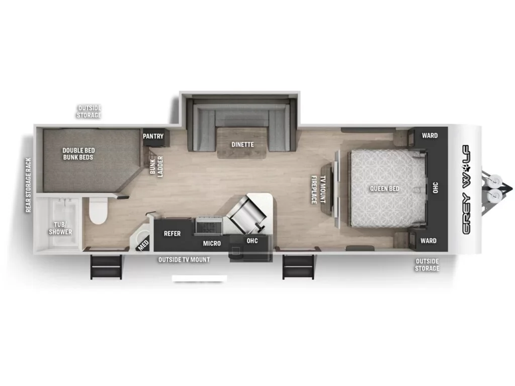 Floor plan of a travel trailer with a queen bed, kitchen, dinette, bathroom with tub/shower, double bunks, wardrobe, and outside storage.