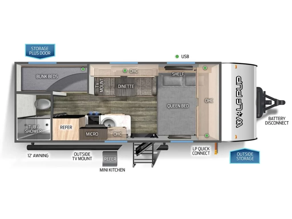 Floor plan of wolf pup travel trailer with bedroom, kitchen, bathroom, dinette, bunk beds, and outdoor features.