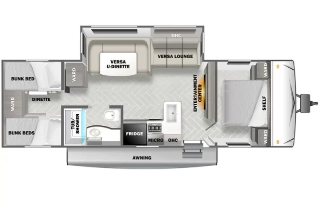 Floor plan of a recreational vehicle featuring sleeping areas with bunk beds, a dinette, kitchen with fridge and microwave, bathroom with tub shower, entertainment center, and a living area with a sofa and recliner, along with exterior awning.