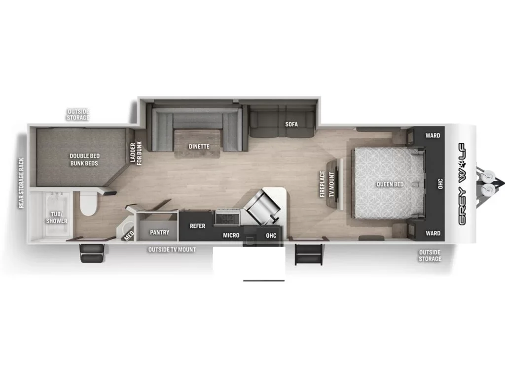 Floor plan of a camper with a double bunk bed area, bathroom with tub/shower, kitchen with pantry, refrigerator, microwave, and outdoor TV mount, living area with dinette, sofa, and fireplace TV mount, and a queen bed bedroom with wardrobes and outside storage.