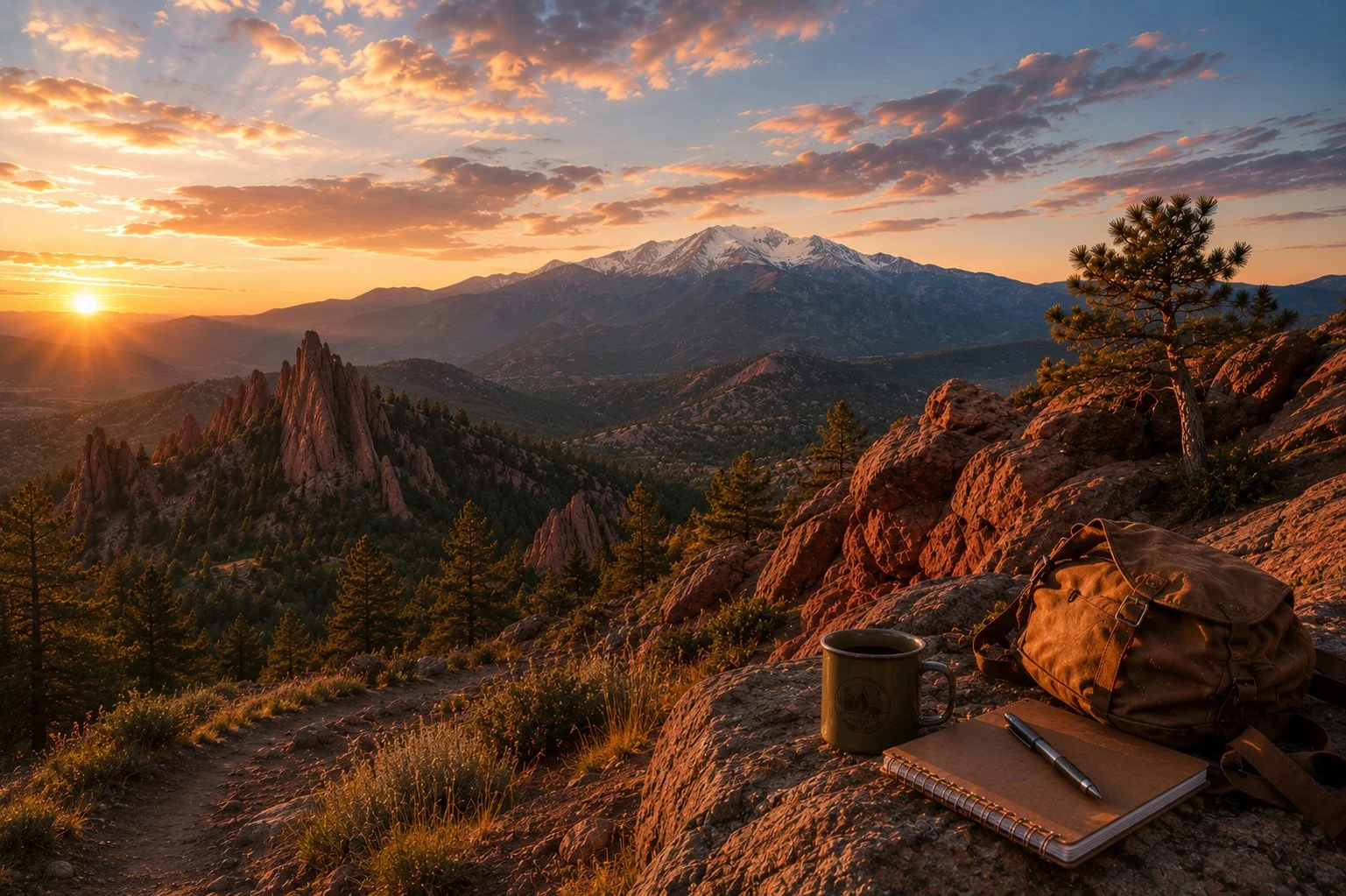 Sunset over mountain landscape with snow-capped peaks, rocky terrain, pine trees, a backpack, a coffee mug, a notebook, and a pen in the foreground.