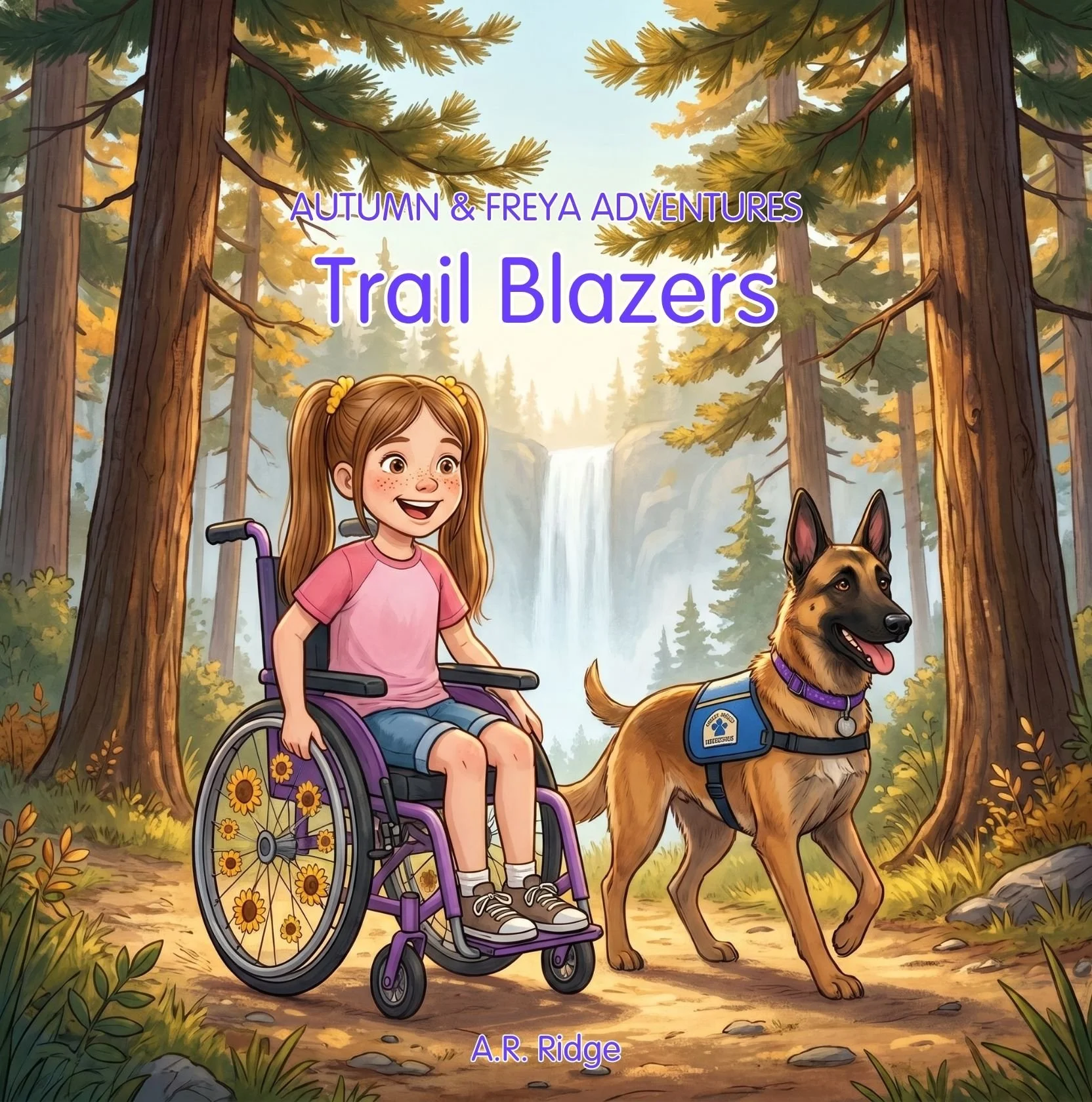 Illustrated book cover featuring a young girl in a wheelchair with her service dog on a forest trail beside a waterfall.