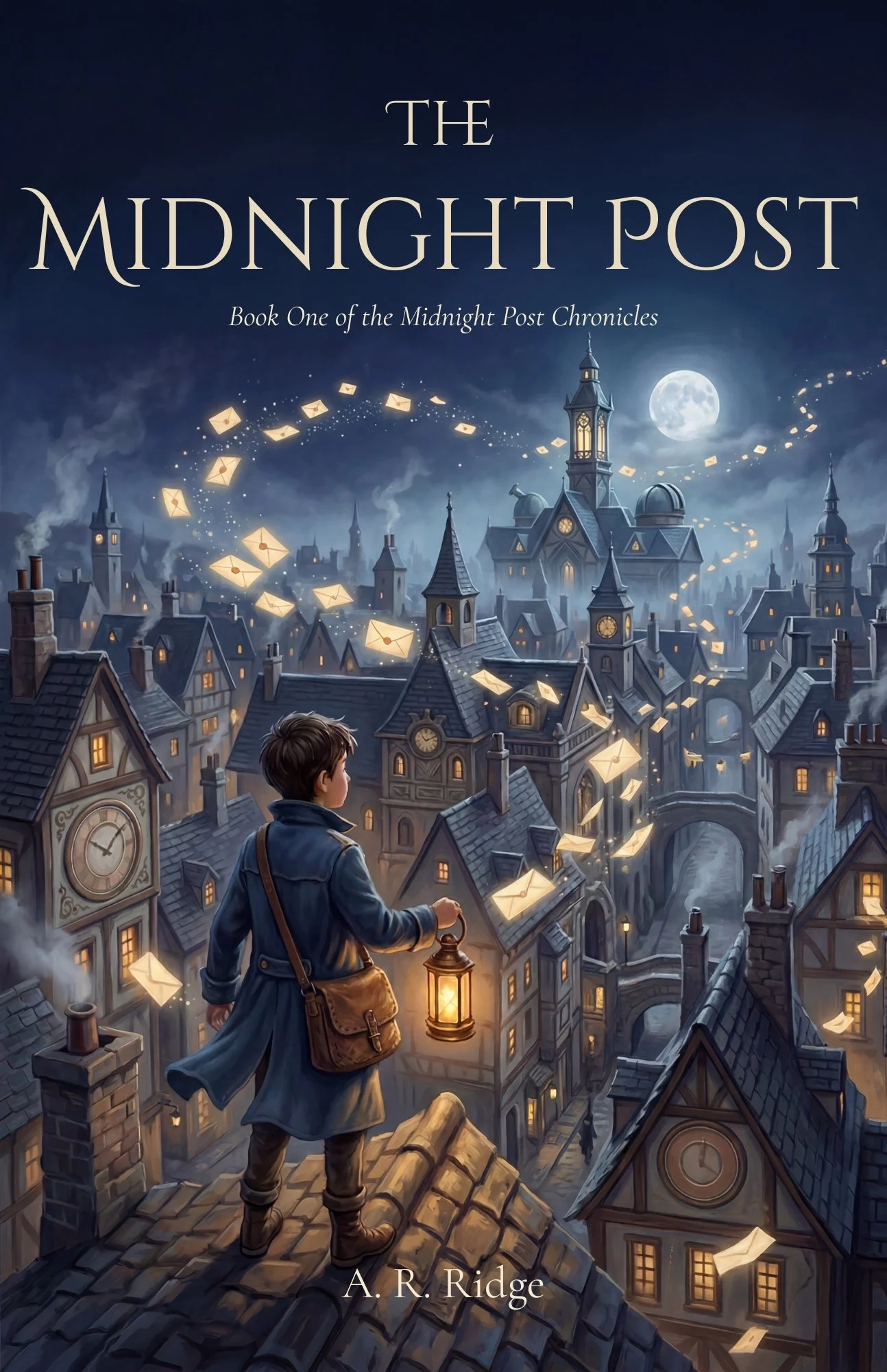 Book cover for “The Midnight Post” by A. R. Ridge featuring a lantern-bearing messenger overlooking a moonlit city with floating envelopes.