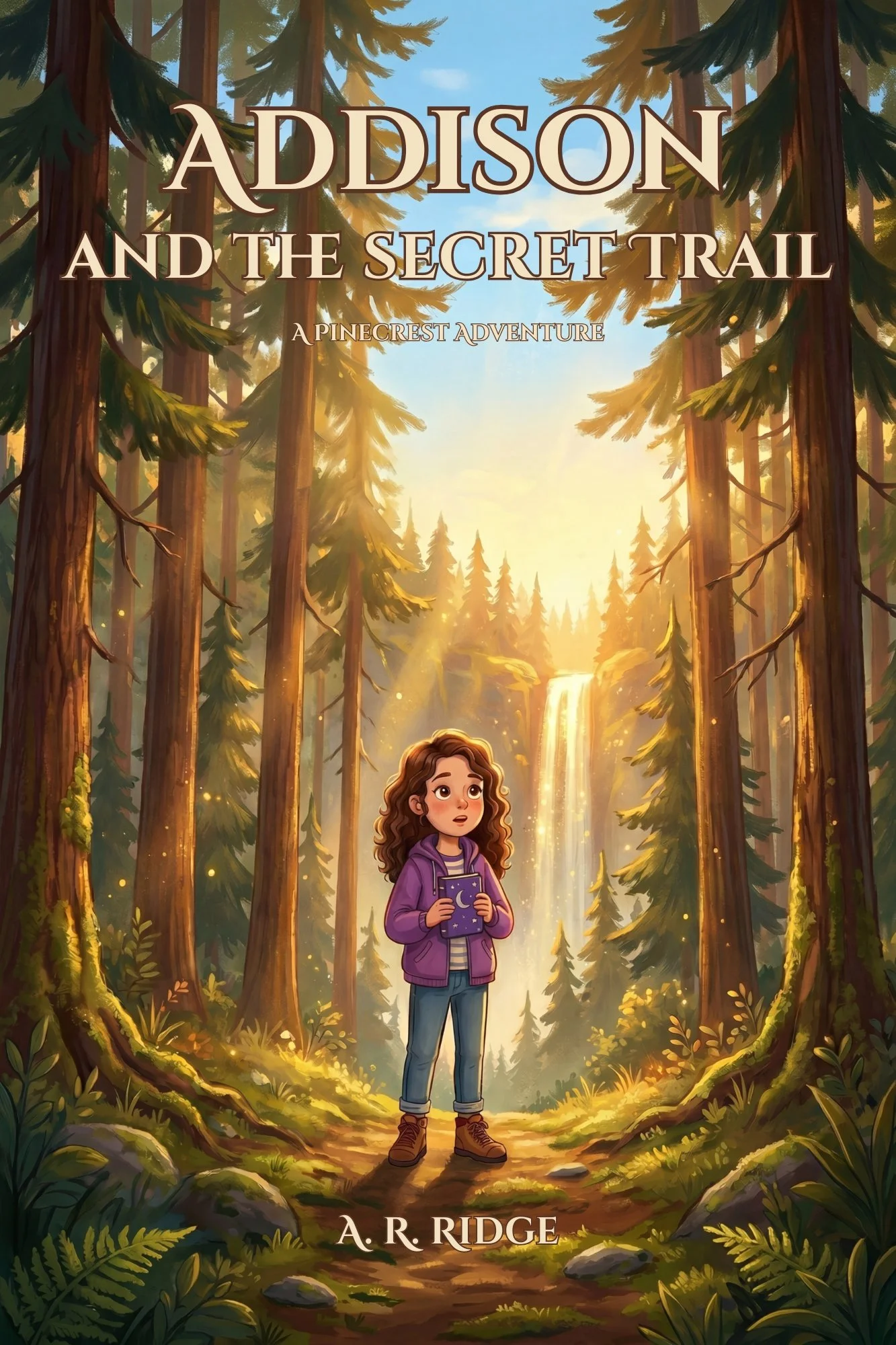 An illustrated book cover titled 'Addison and the Secret Trail: A Pinecrest Adventure' showing a young girl with curly brown hair, wearing a purple hoodie and jeans, standing in a lush forest with tall trees, ferns, moss, and a waterfall in the background, bathed in warm golden sunlight.