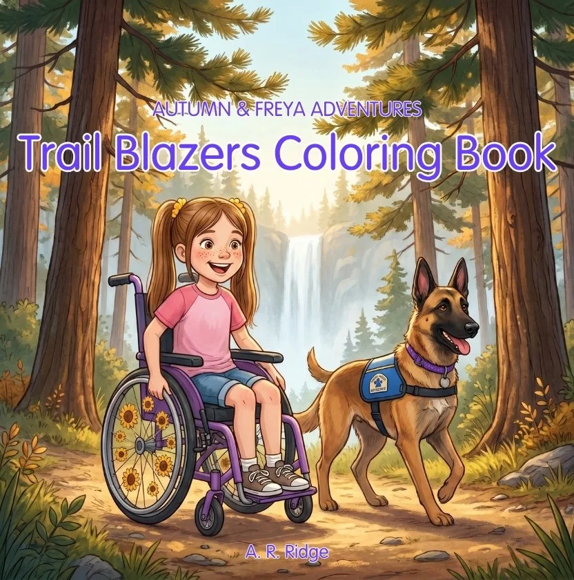 Illustration of a girl in a wheelchair on a forest trail with a service dog, with a waterfall in the background, for a coloring book cover titled "Autumn & Freya Adventures: Trail Blazers Coloring Book" by A. R. Ridge.