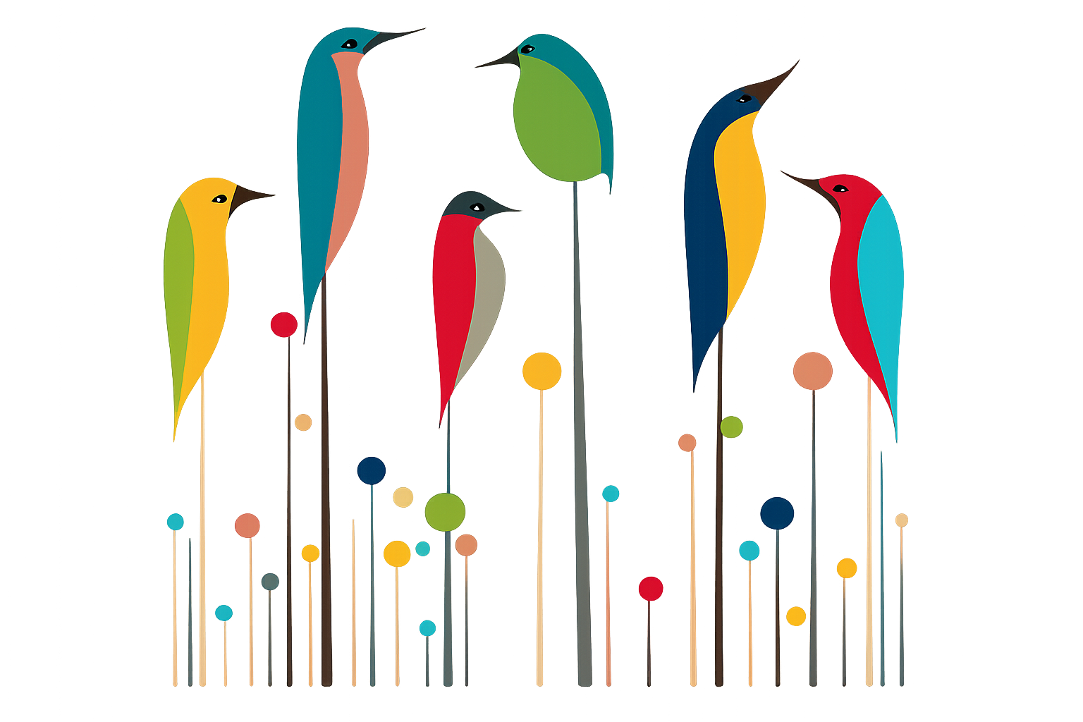 Abstract art with stylized colorful birds and vertical lines and circles.
